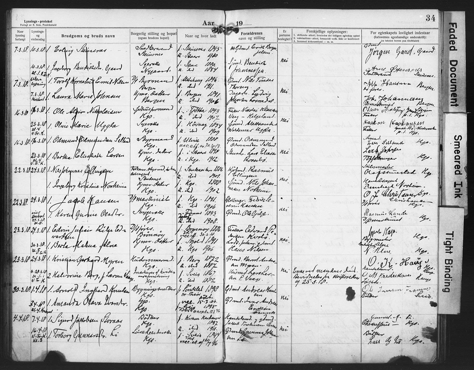 Haugesund sokneprestkontor, AV/SAST-A -101863/I/Ie/L0003: Banns register no. VIII 3, 1916-1921, p. 34