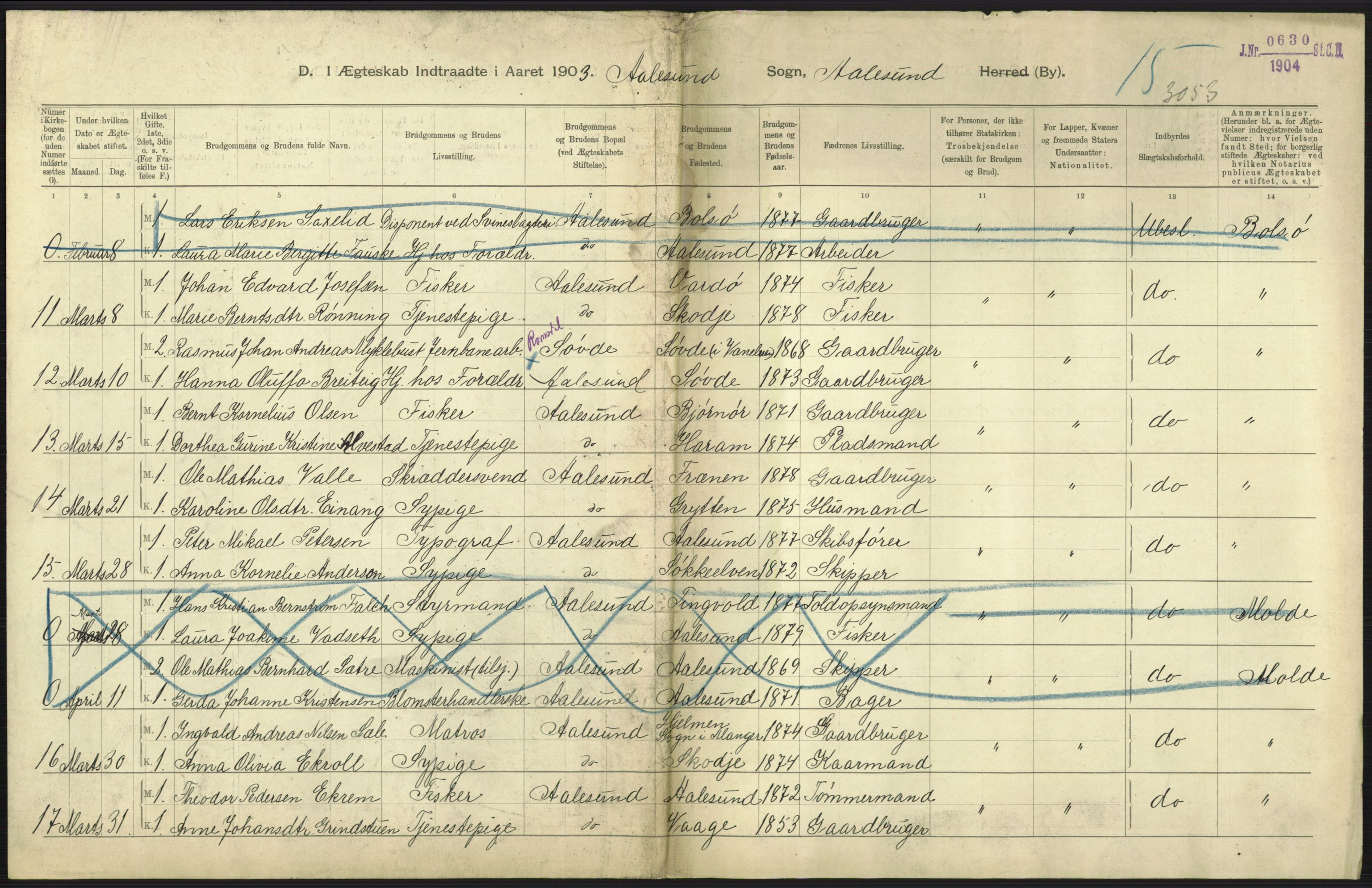 Statistisk sentralbyrå, Sosiodemografiske emner, Befolkning, AV/RA-S-2228/D/Df/Dfa/Dfaa/L0016: Romsdal amt: Fødte, gifte, døde., 1903, p. 719