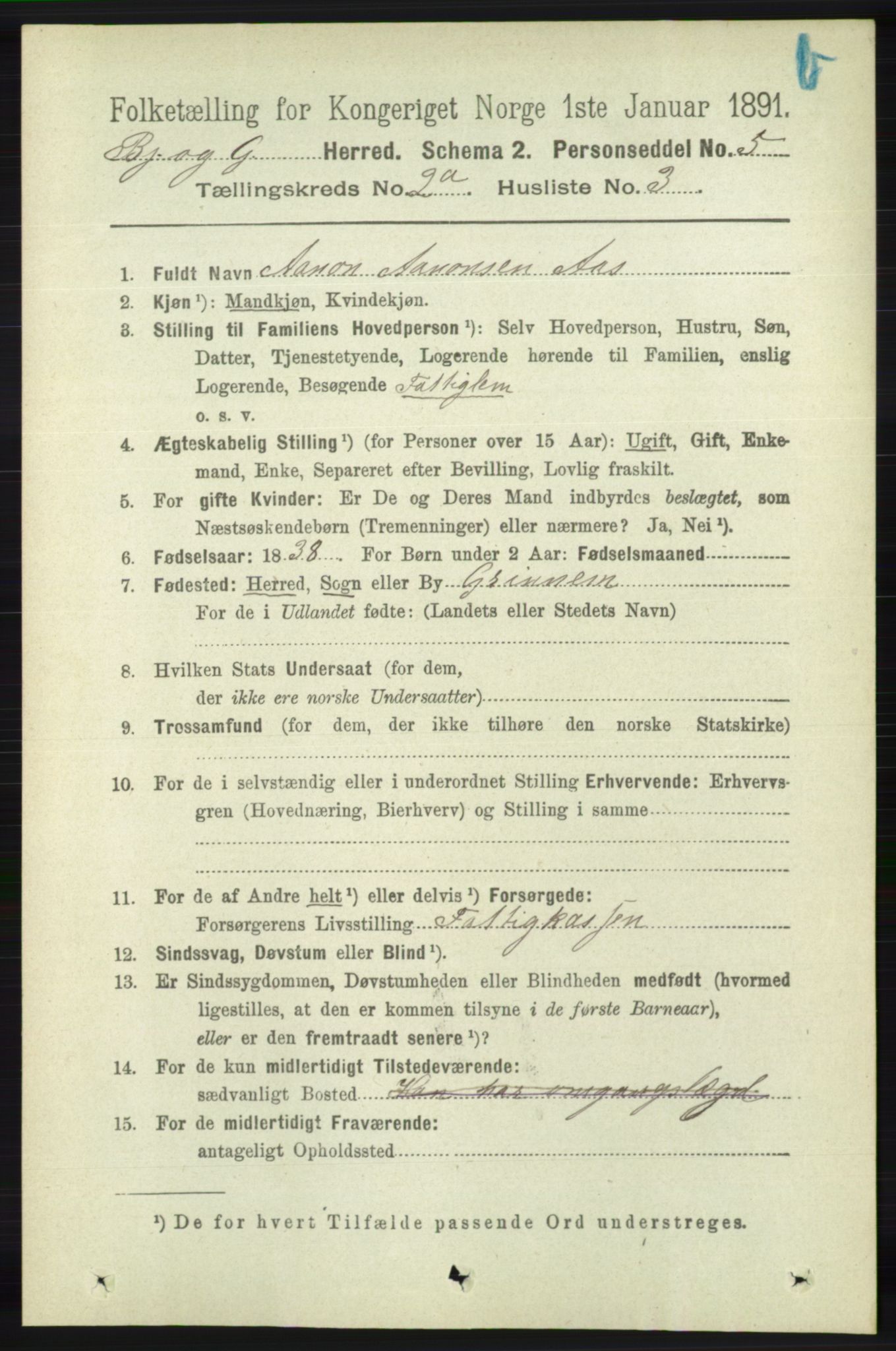 RA, 1891 census for 1024 Bjelland og Grindheim, 1891, p. 328