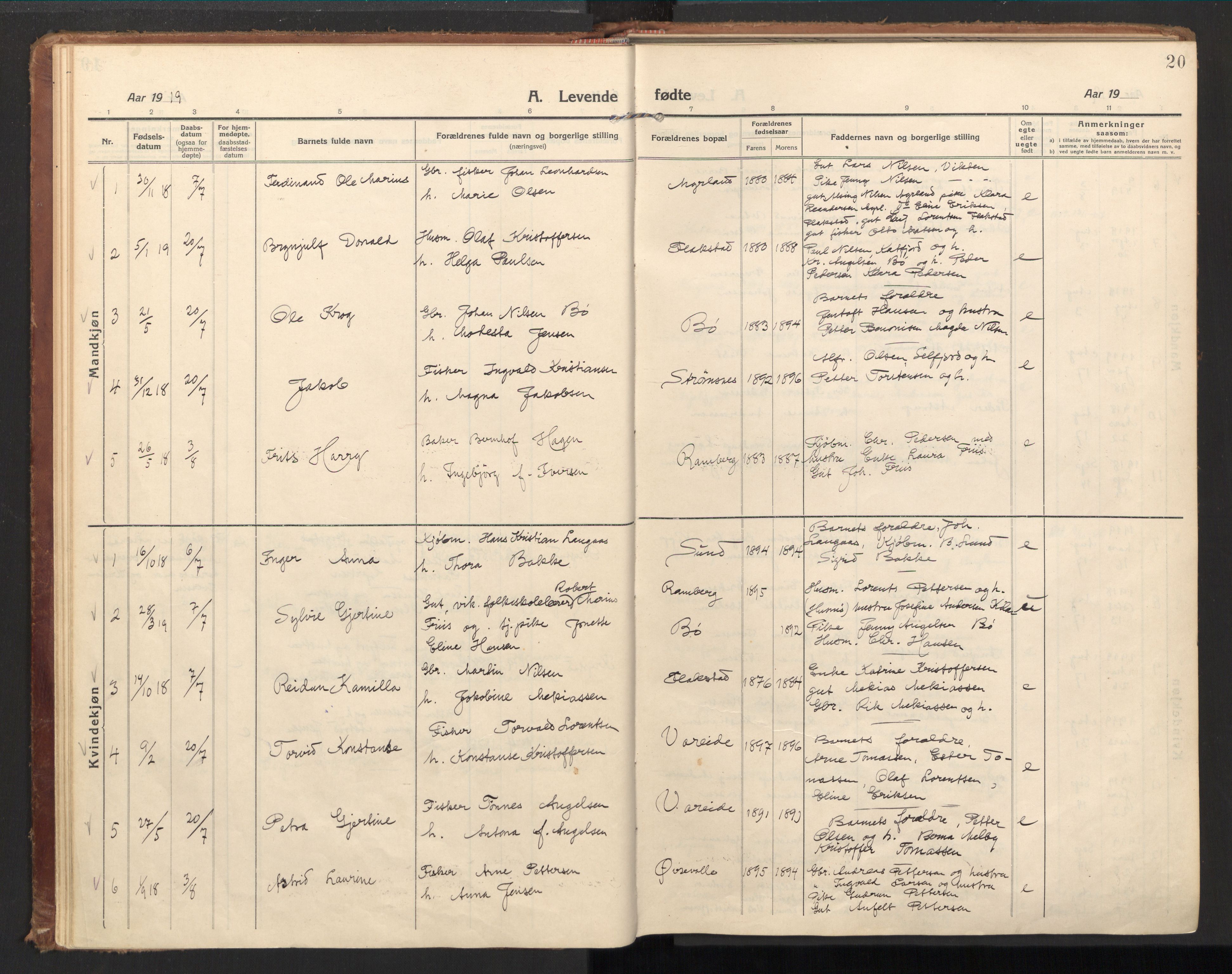 Ministerialprotokoller, klokkerbøker og fødselsregistre - Nordland, AV/SAT-A-1459/885/L1210: Parish register (official) no. 885A10, 1916-1926, p. 20