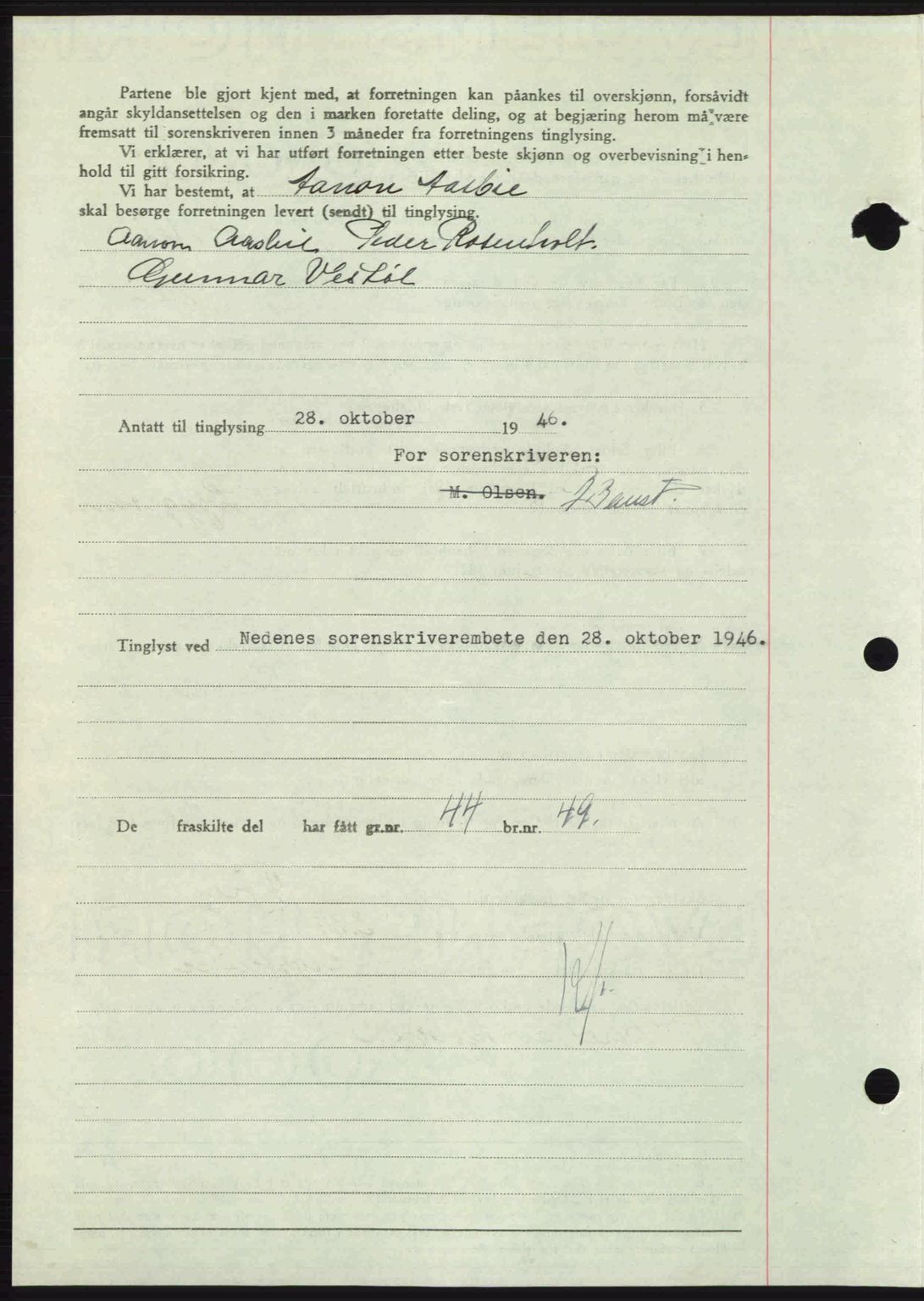 Nedenes sorenskriveri, AV/SAK-1221-0006/G/Gb/Gba/L0056: Mortgage book no. A8, 1946-1947, Diary no: : 1412/1946