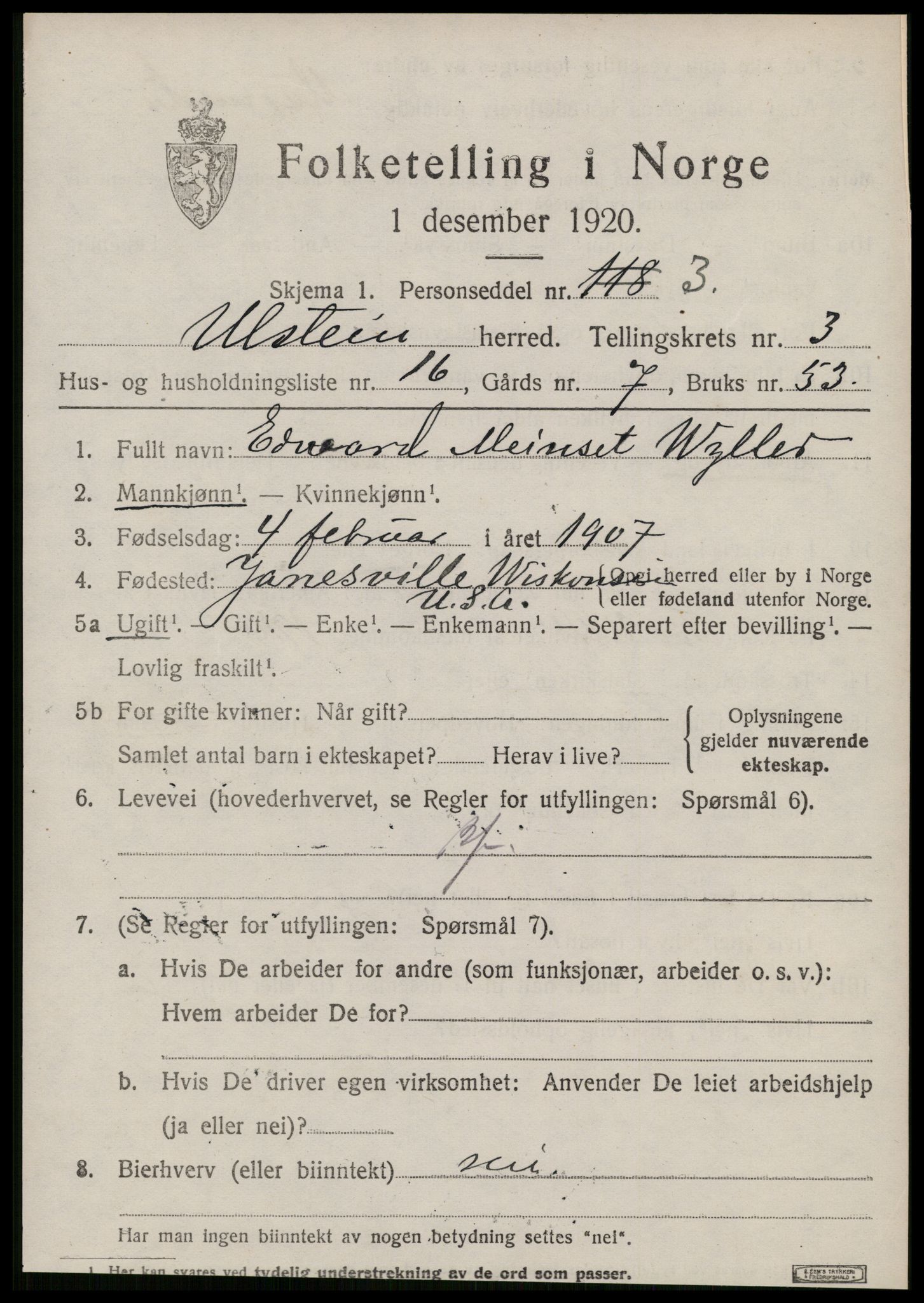 SAT, 1920 census for Ulstein, 1920, p. 1856