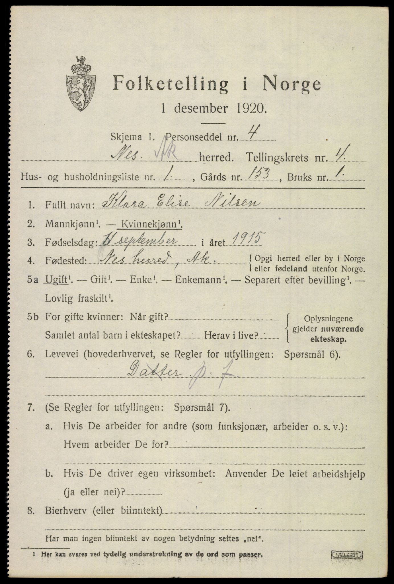 SAO, 1920 census for Nes, 1920, p. 6296