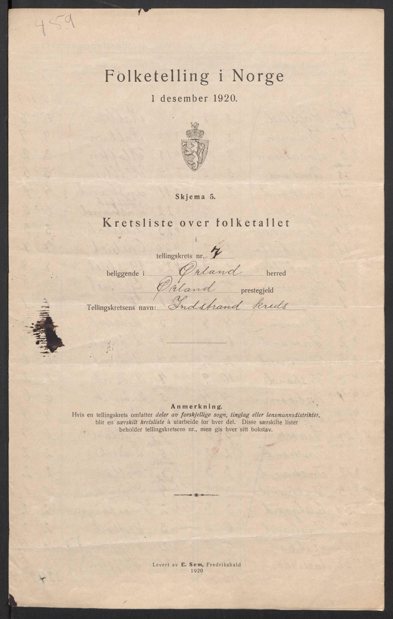 SAT, 1920 census for Ørland, 1920, p. 27