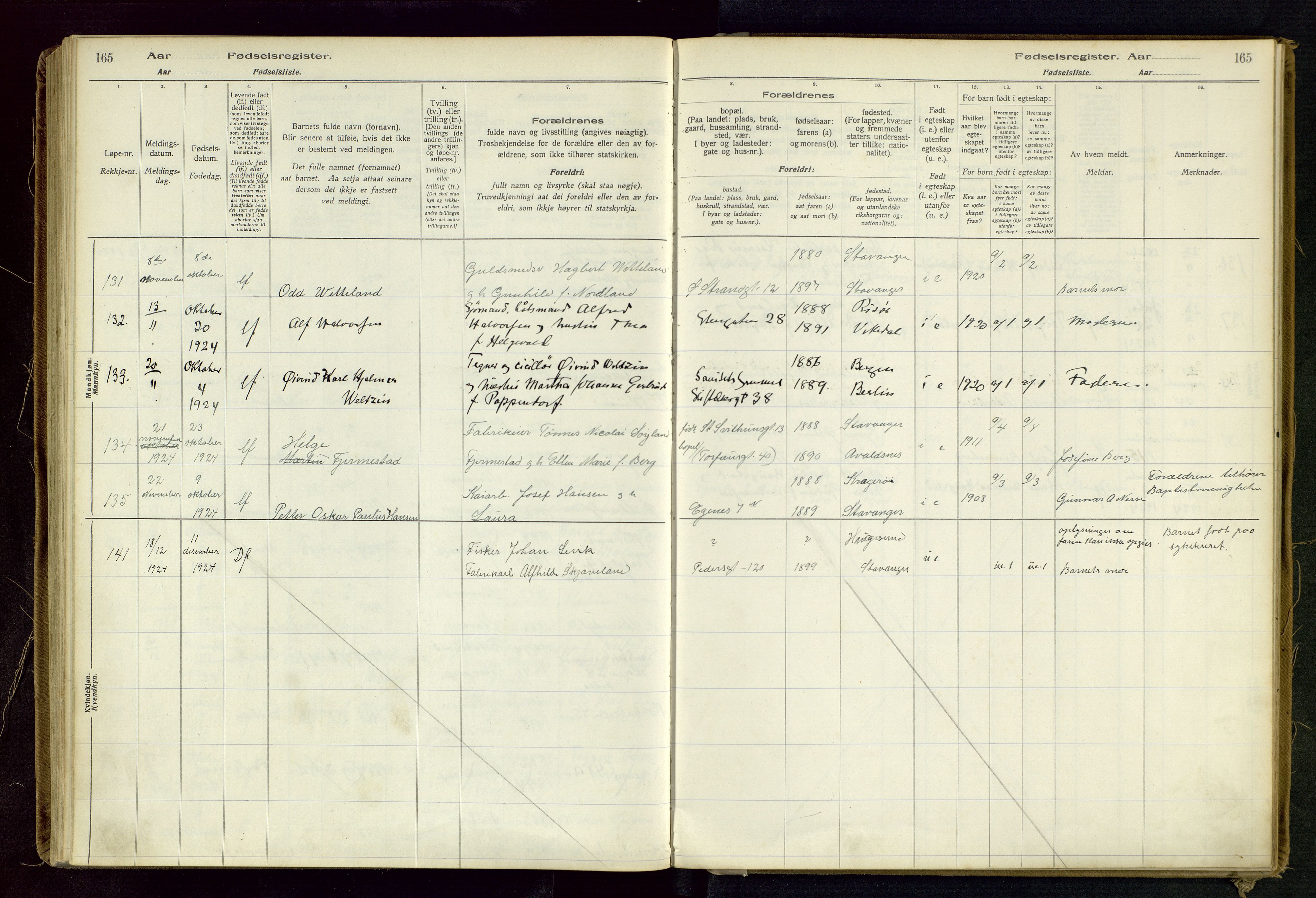Domkirken sokneprestkontor, SAST/A-101812/002/B/L0002: Birth register no. 2, 1920-1925, p. 165