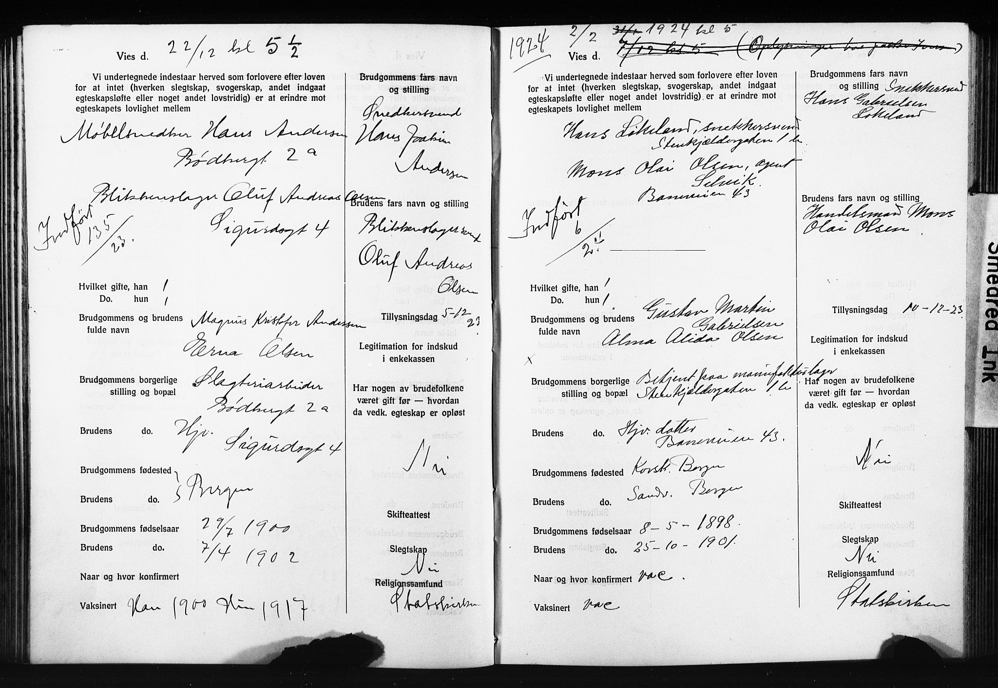 Domkirken sokneprestembete, AV/SAB-A-74801: Best man's statements no. II.5.14, 1922-1927, p. 96