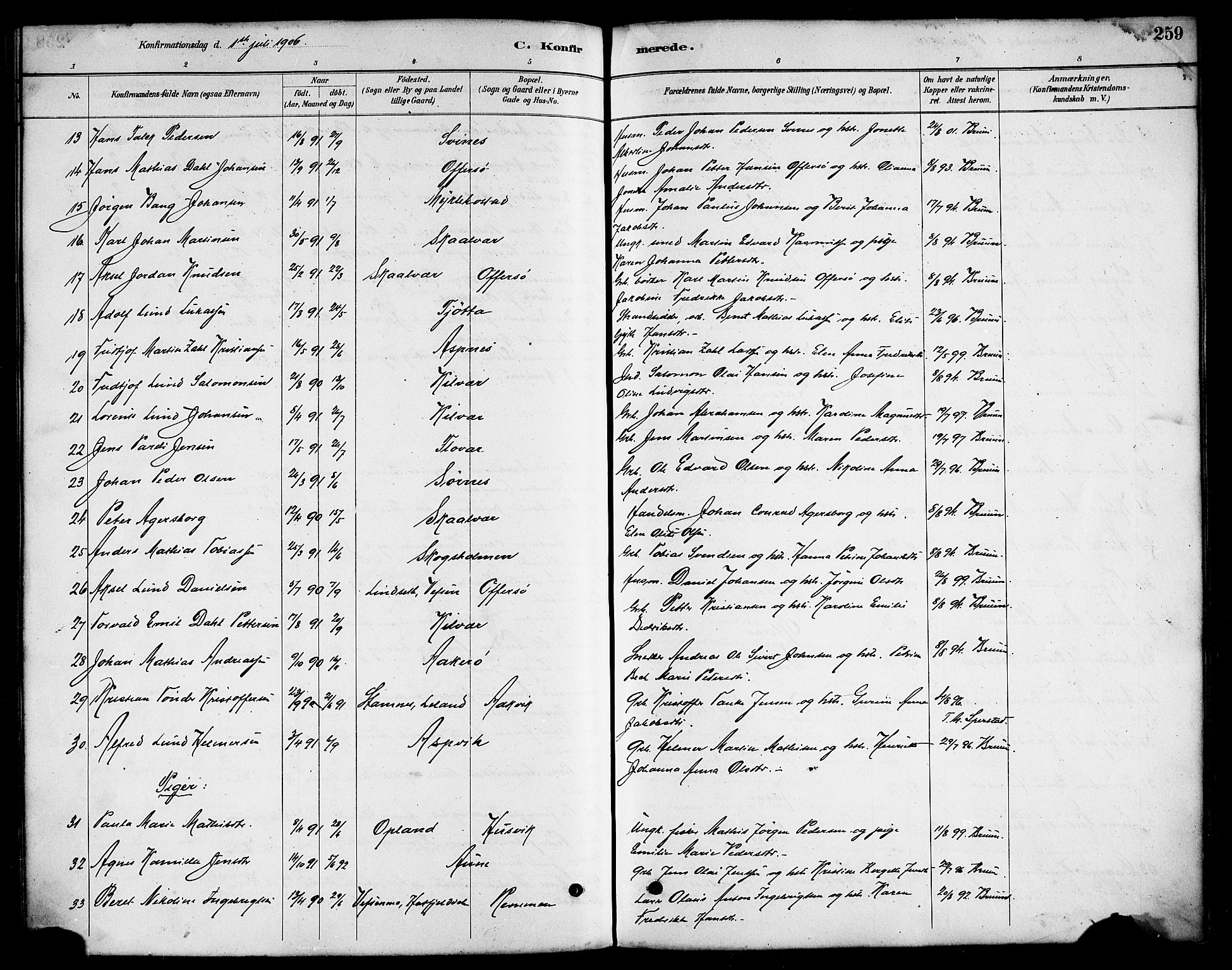 Ministerialprotokoller, klokkerbøker og fødselsregistre - Nordland, AV/SAT-A-1459/817/L0268: Parish register (copy) no. 817C03, 1884-1920, p. 259