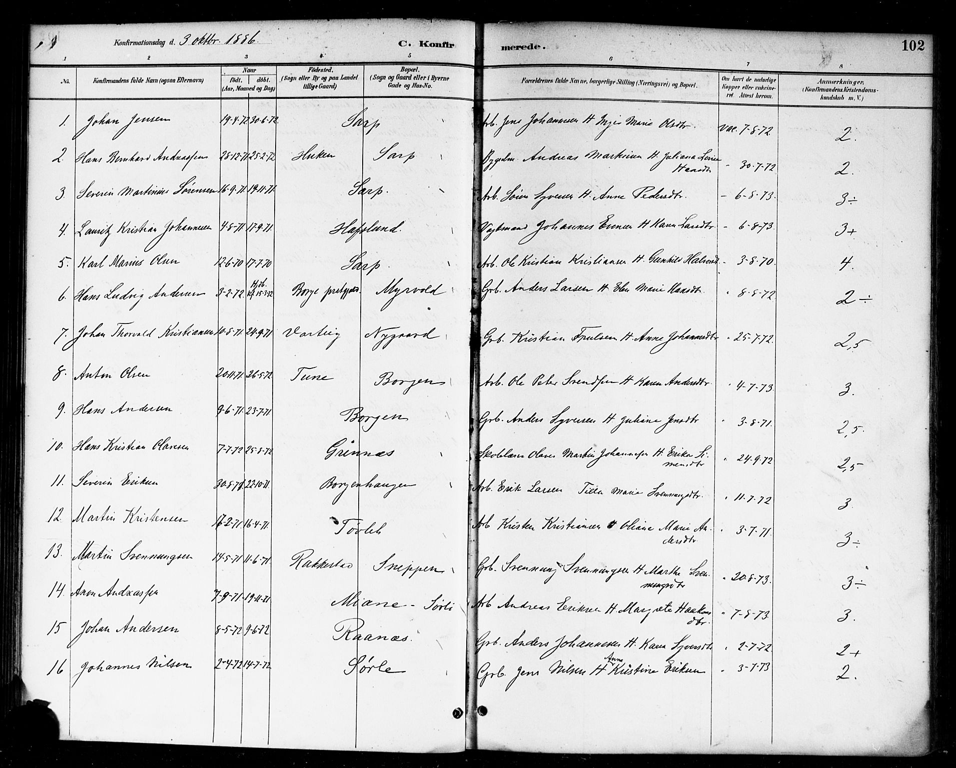 Skjeberg prestekontor Kirkebøker, AV/SAO-A-10923/F/Fa/L0009: Parish register (official) no. I 9, 1886-1897, p. 102