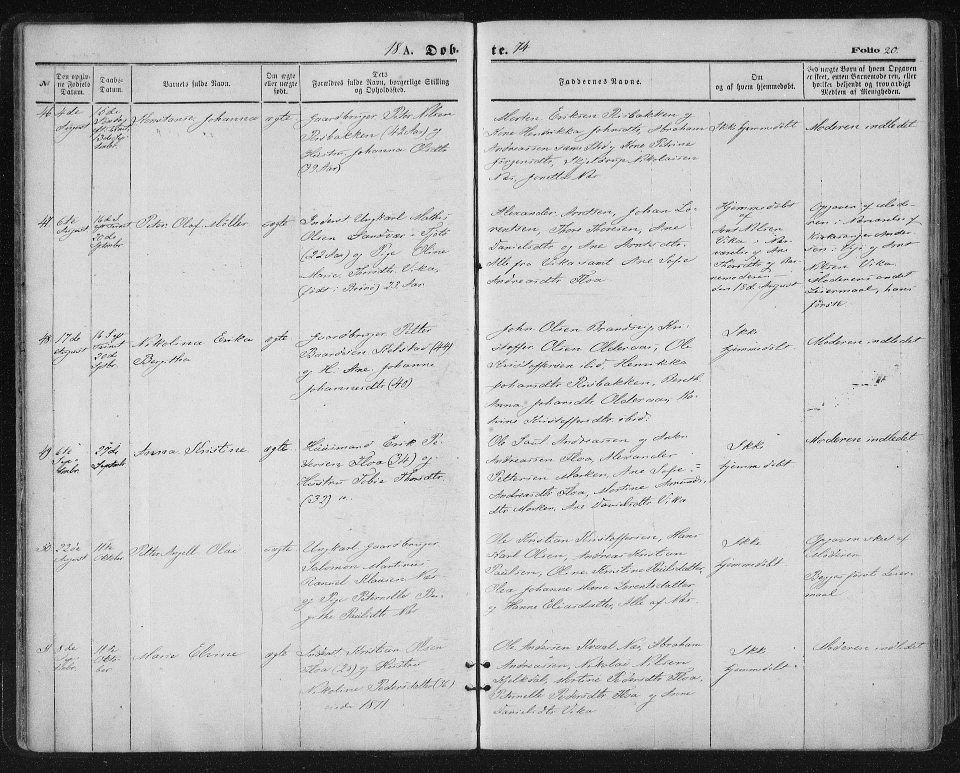 Ministerialprotokoller, klokkerbøker og fødselsregistre - Nordland, SAT/A-1459/816/L0241: Parish register (official) no. 816A07, 1870-1885, p. 20