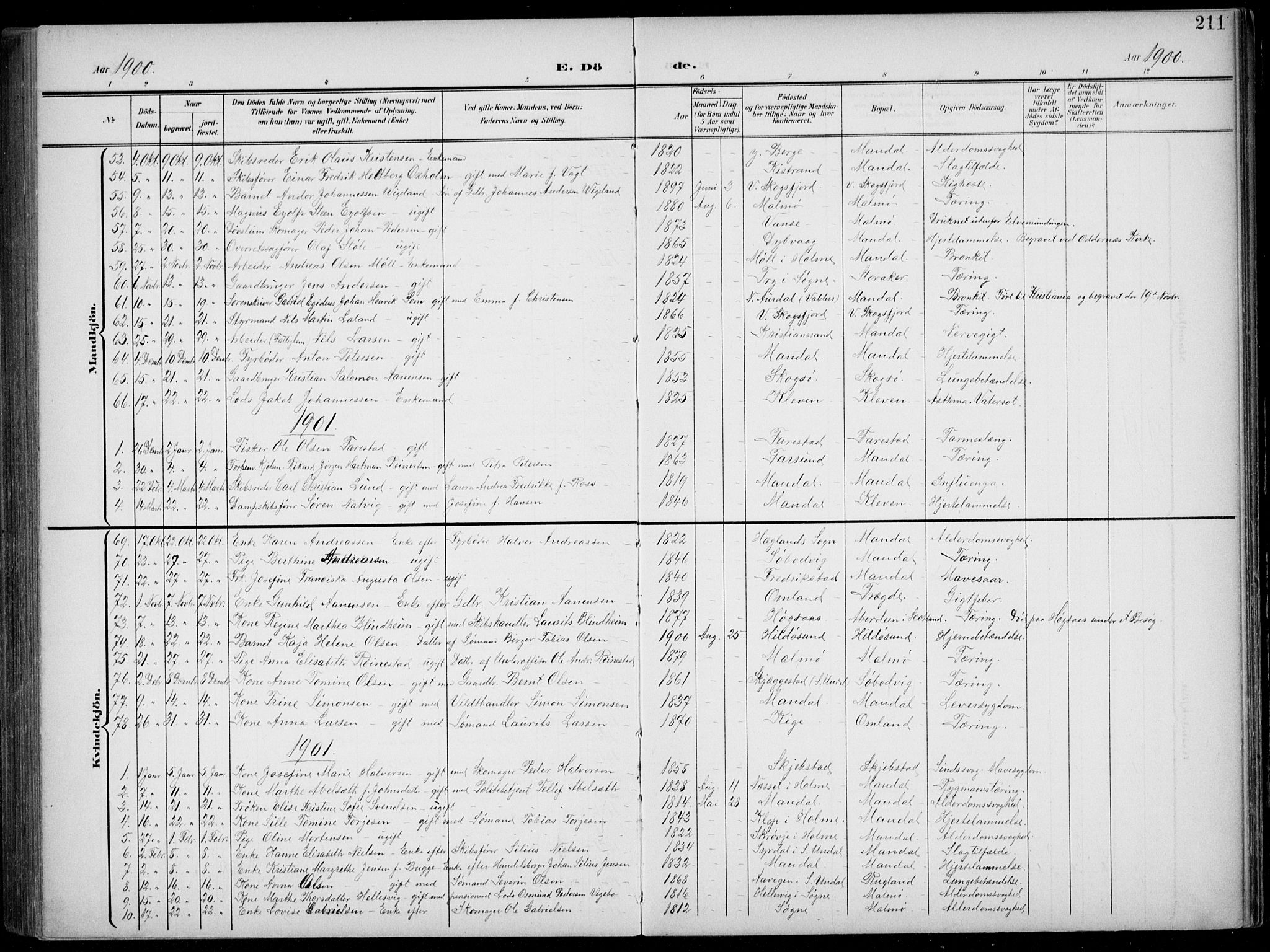 Mandal sokneprestkontor, AV/SAK-1111-0030/F/Fb/Fba/L0012: Parish register (copy) no. B 6, 1899-1918, p. 211