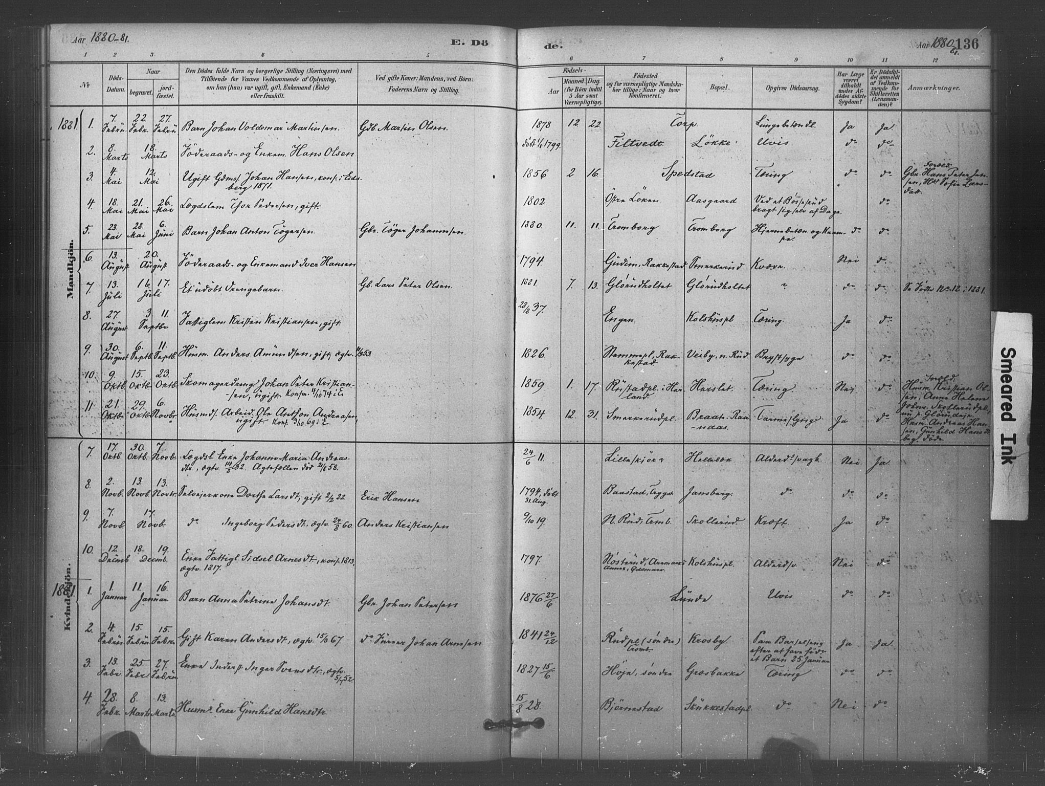 Eidsberg prestekontor Kirkebøker, AV/SAO-A-10905/F/Fc/L0001: Parish register (official) no. III 1, 1879-1905, p. 136