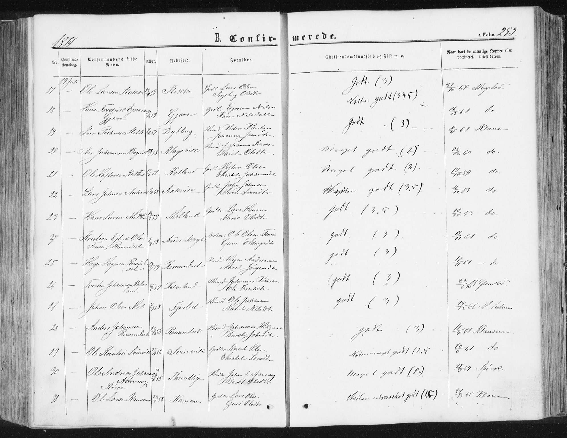 Ministerialprotokoller, klokkerbøker og fødselsregistre - Møre og Romsdal, AV/SAT-A-1454/578/L0905: Parish register (official) no. 578A04, 1859-1877, p. 253