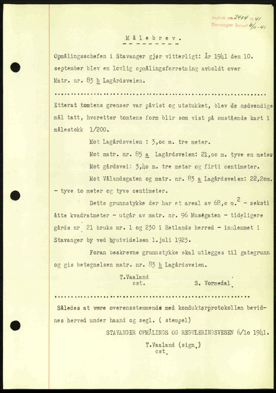 Stavanger byrett, SAST/A-100455/002/G/Gb/L0017: Mortgage book no. A7, 1941-1943, Diary no: : 2404/1941