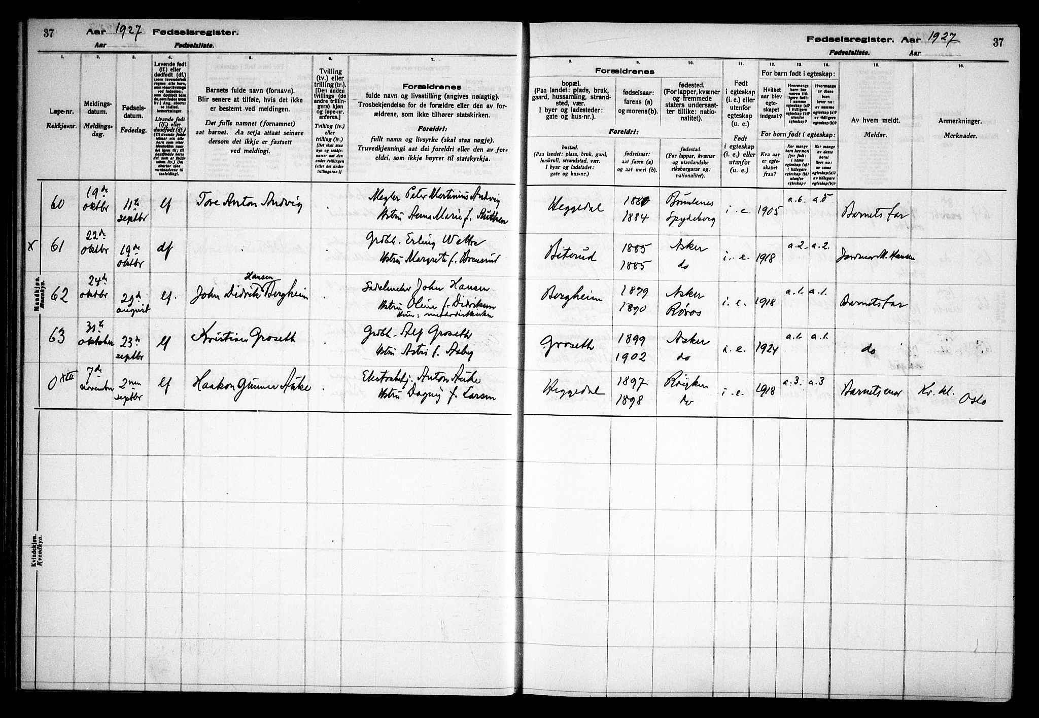 Asker prestekontor Kirkebøker, AV/SAO-A-10256a/J/L0002: Birth register no. 2, 1925-1938, p. 37