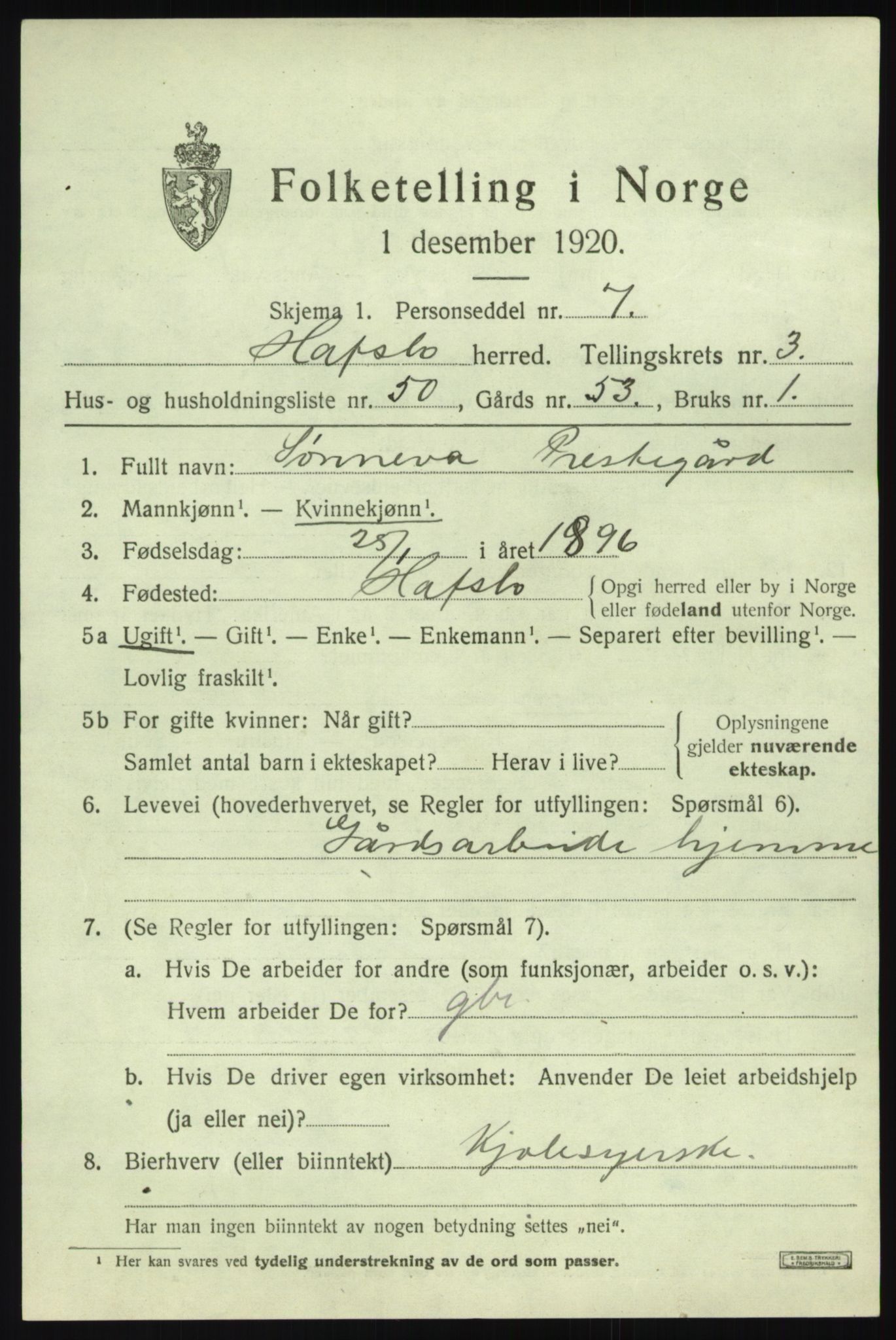 SAB, 1920 census for Hafslo, 1920, p. 2620