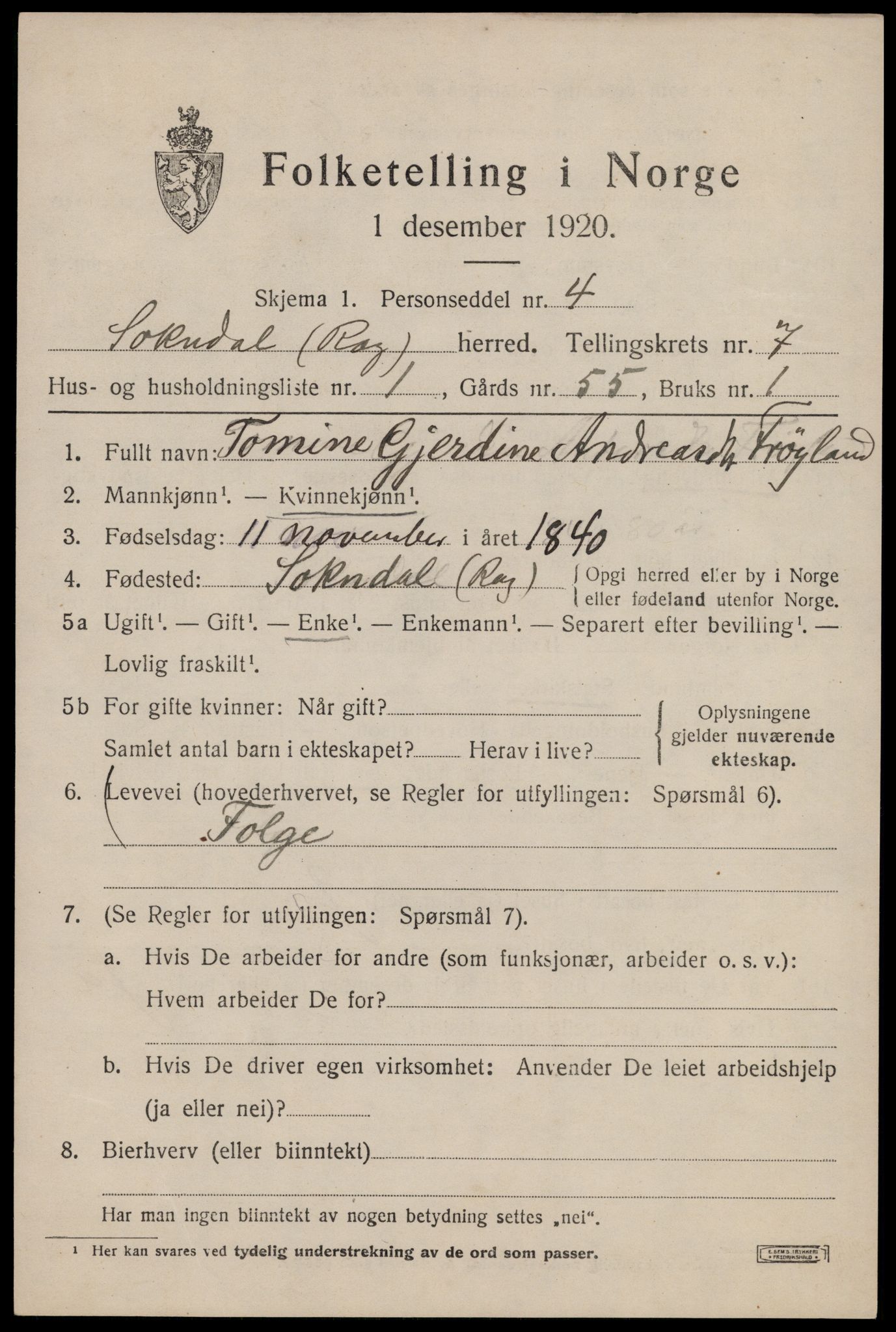 SAST, 1920 census for Sokndal, 1920, p. 4211