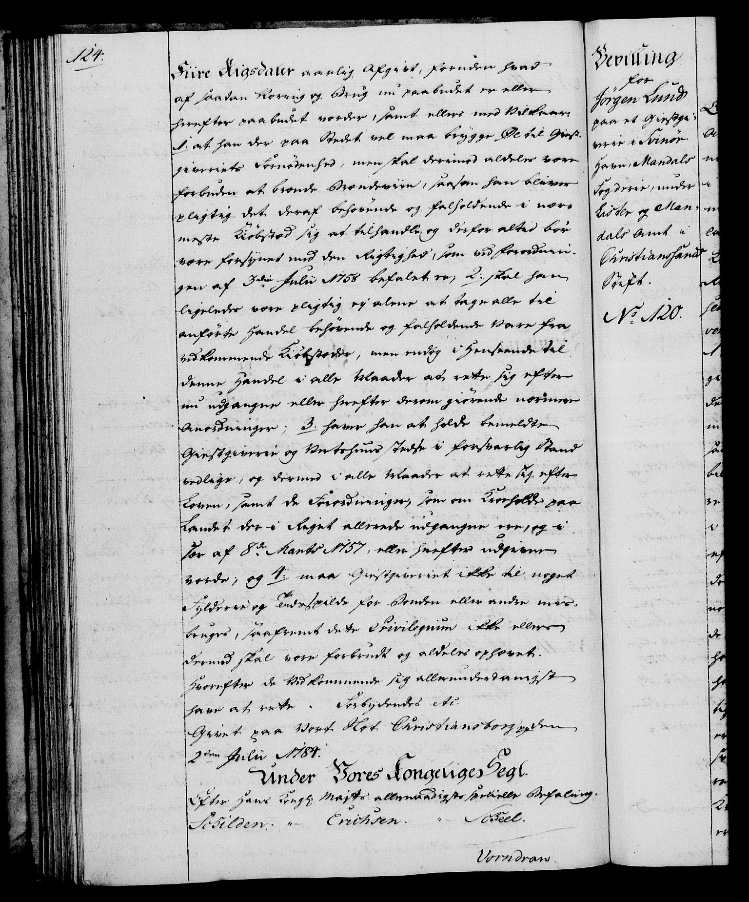 Rentekammeret, Kammerkanselliet, RA/EA-3111/G/Gg/Gga/L0013: Norsk ekspedisjonsprotokoll med register (merket RK 53.13), 1784-1787, p. 124