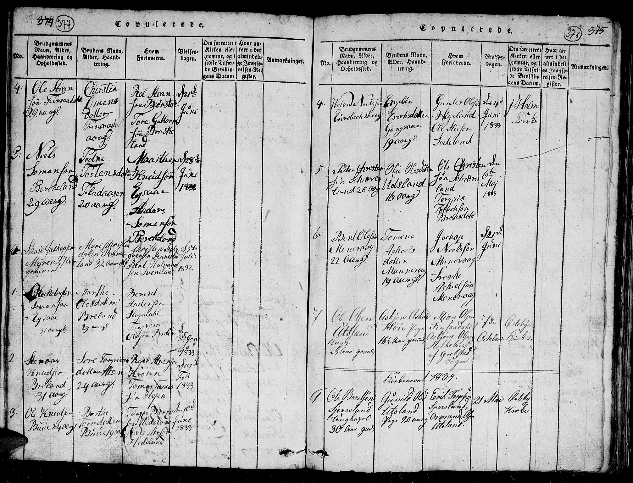 Holum sokneprestkontor, AV/SAK-1111-0022/F/Fb/Fbc/L0001: Parish register (copy) no. B 1, 1820-1859, p. 377-378