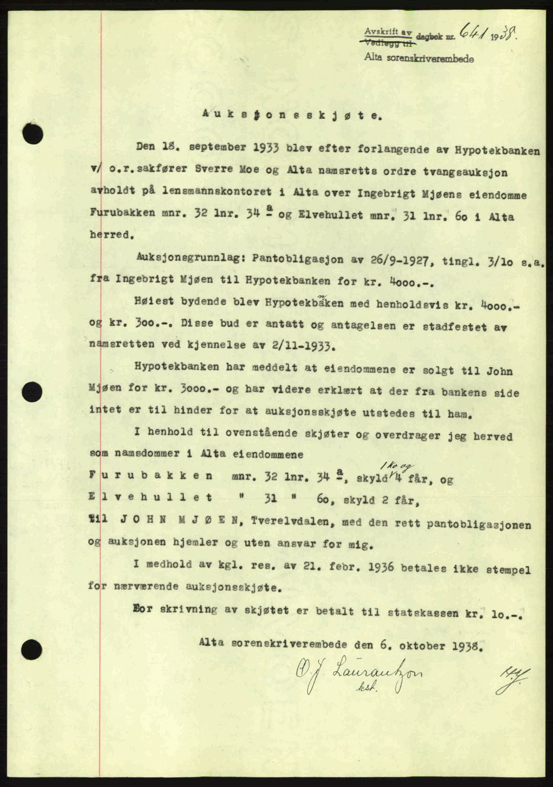Alta fogderi/sorenskriveri, SATØ/SATØ-5/1/K/Kd/L0031pantebok: Mortgage book no. 31, 1938-1939, Diary no: : 641/1938