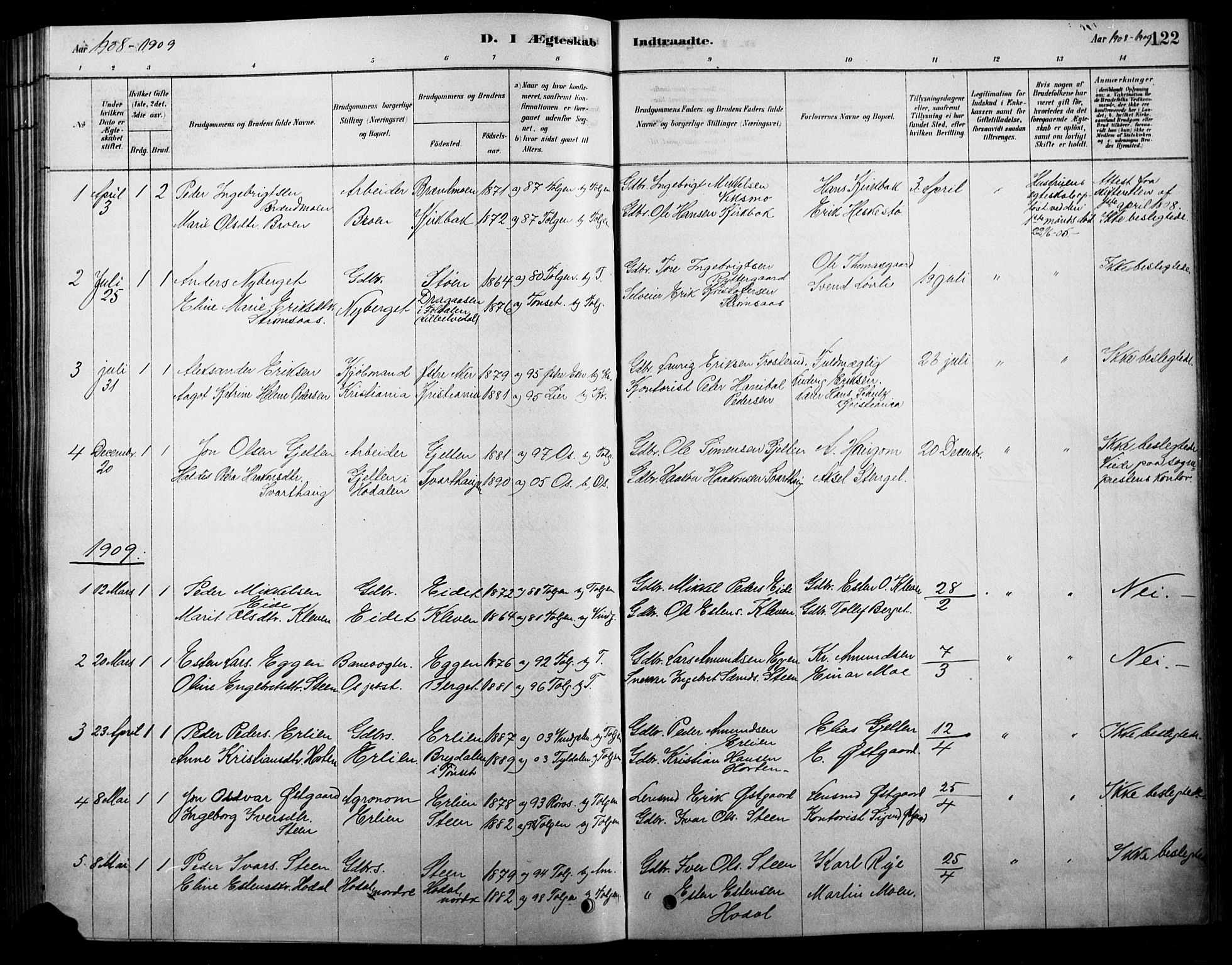 Tolga prestekontor, SAH/PREST-062/L/L0007: Parish register (copy) no. 7, 1878-1919, p. 122