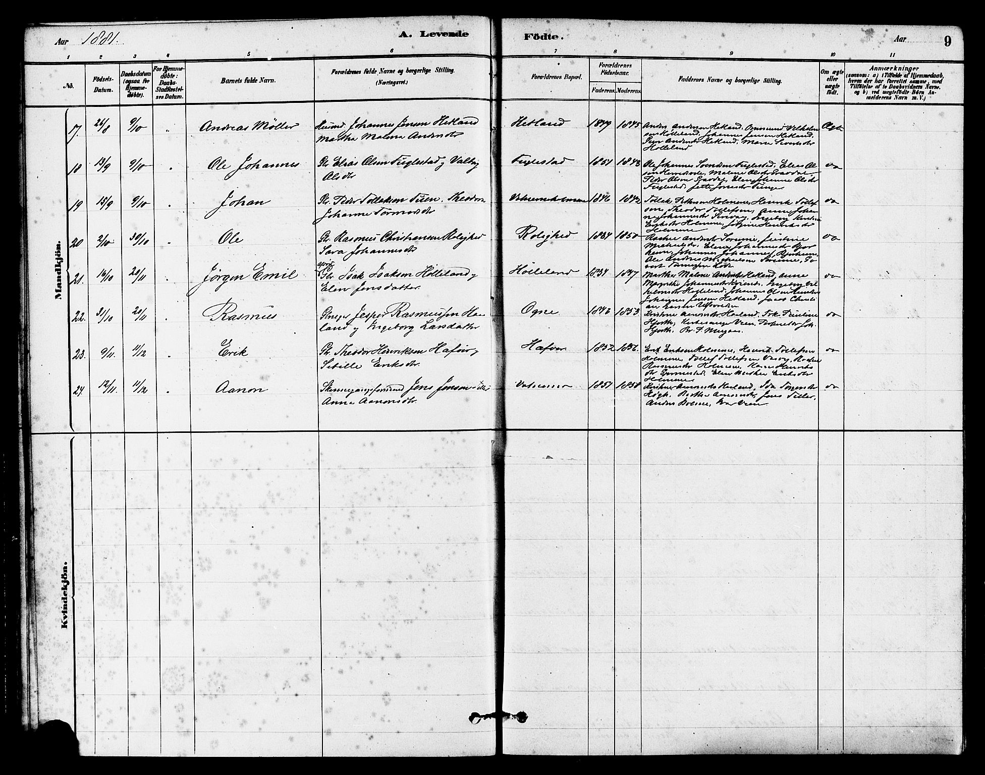 Eigersund sokneprestkontor, AV/SAST-A-101807/S08/L0016: Parish register (official) no. A 16, 1879-1893, p. 9