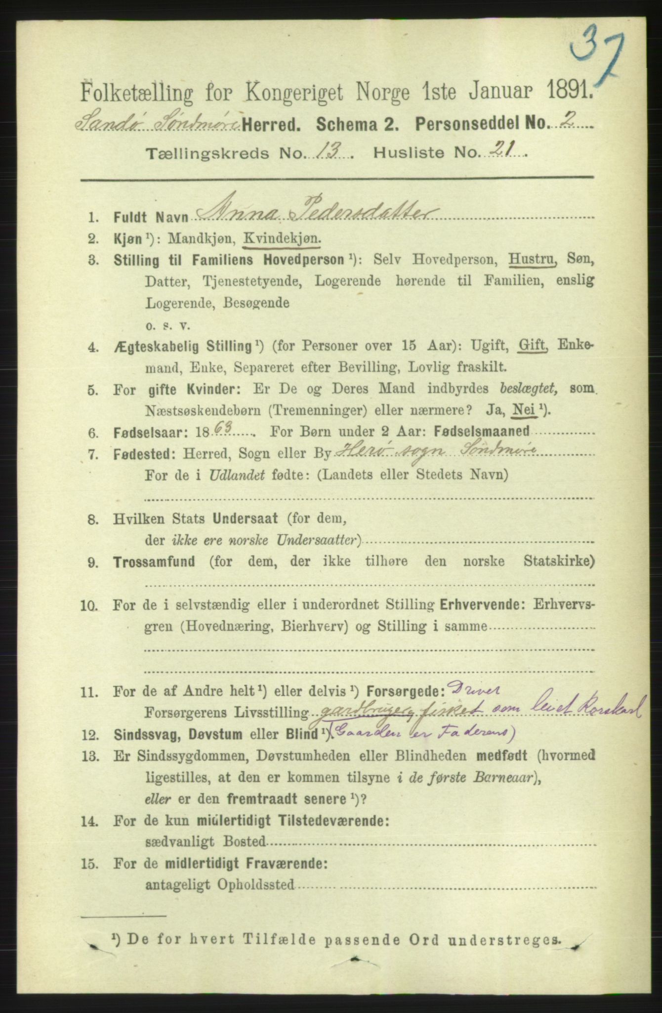 RA, 1891 census for 1514 Sande, 1891, p. 2589