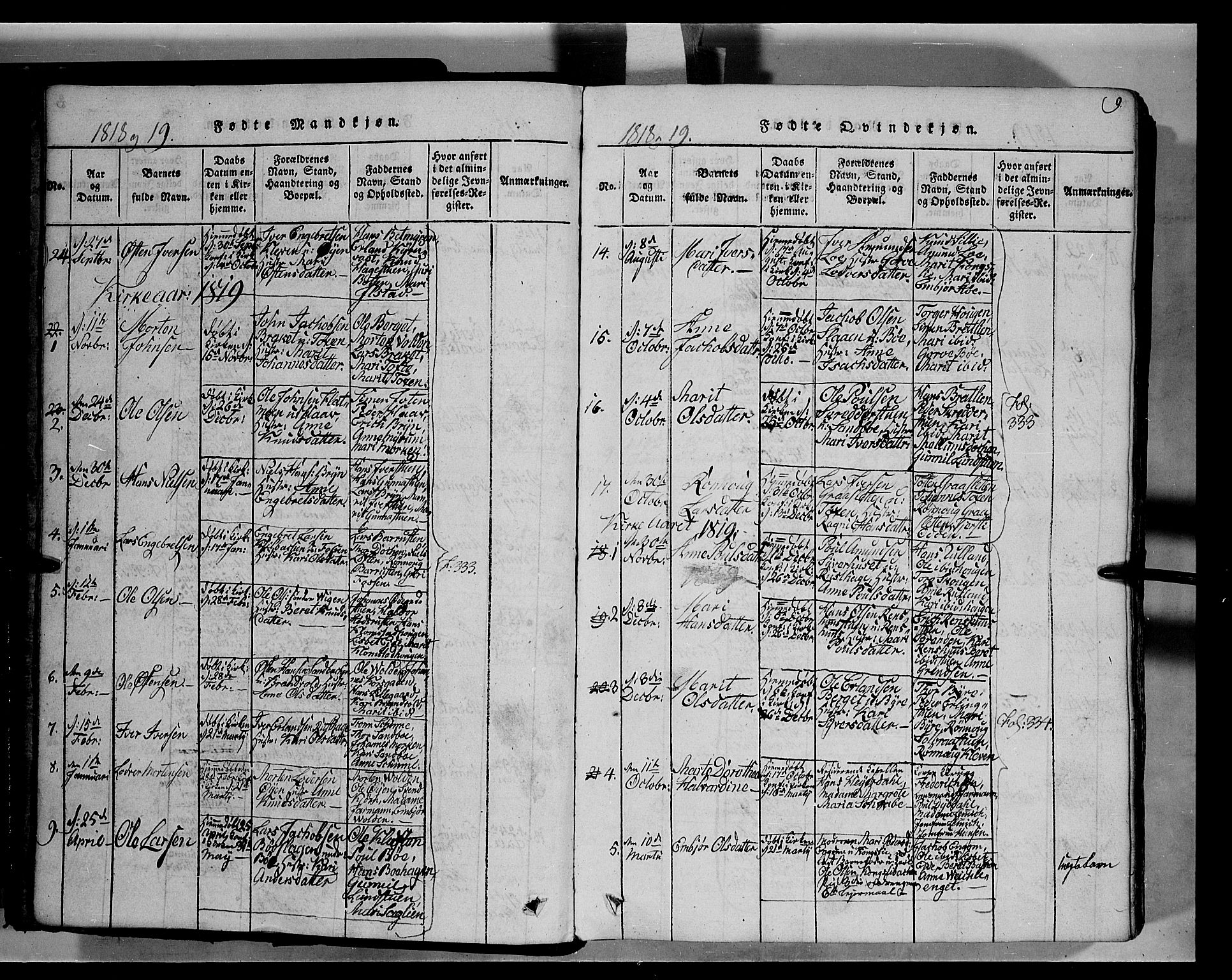 Fron prestekontor, SAH/PREST-078/H/Ha/Hab/L0004: Parish register (copy) no. 4, 1816-1850, p. 9