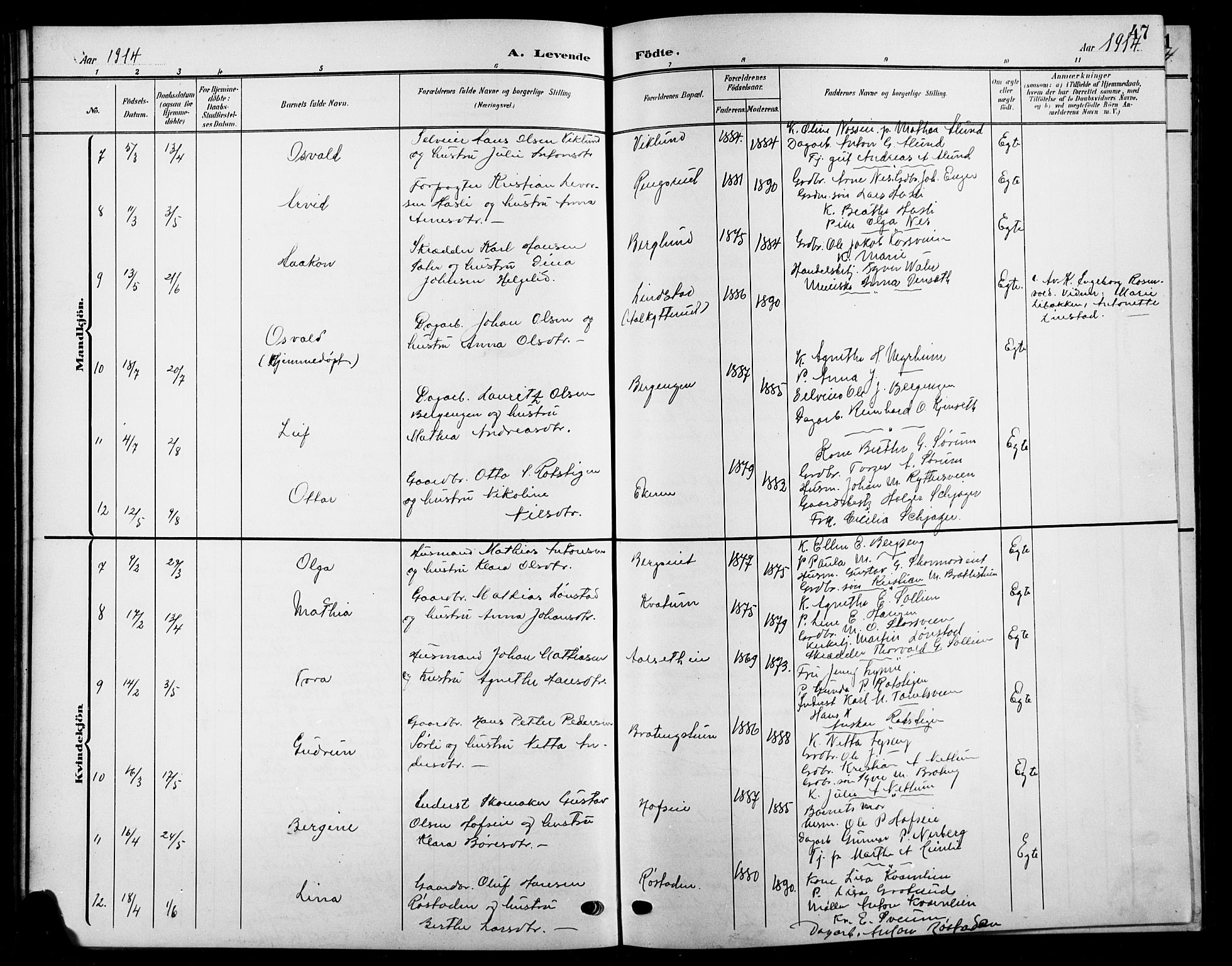 Biri prestekontor, SAH/PREST-096/H/Ha/Hab/L0005: Parish register (copy) no. 5, 1906-1919, p. 47