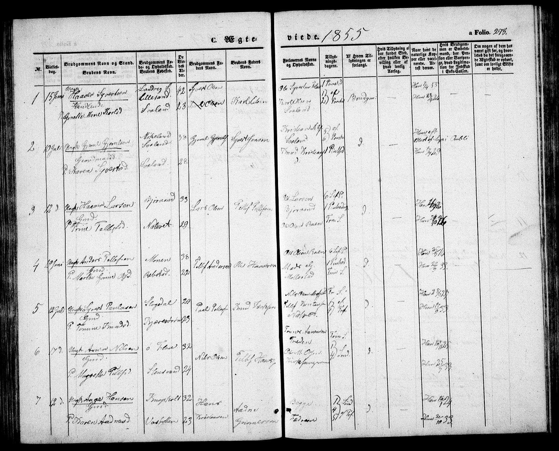 Birkenes sokneprestkontor, AV/SAK-1111-0004/F/Fb/L0002: Parish register (copy) no. B 2, 1849-1876, p. 278