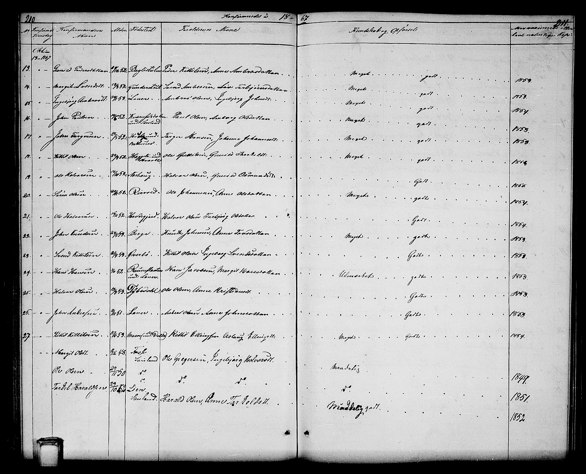 Hjartdal kirkebøker, SAKO/A-270/G/Ga/L0002: Parish register (copy) no. I 2, 1854-1888, p. 210-211