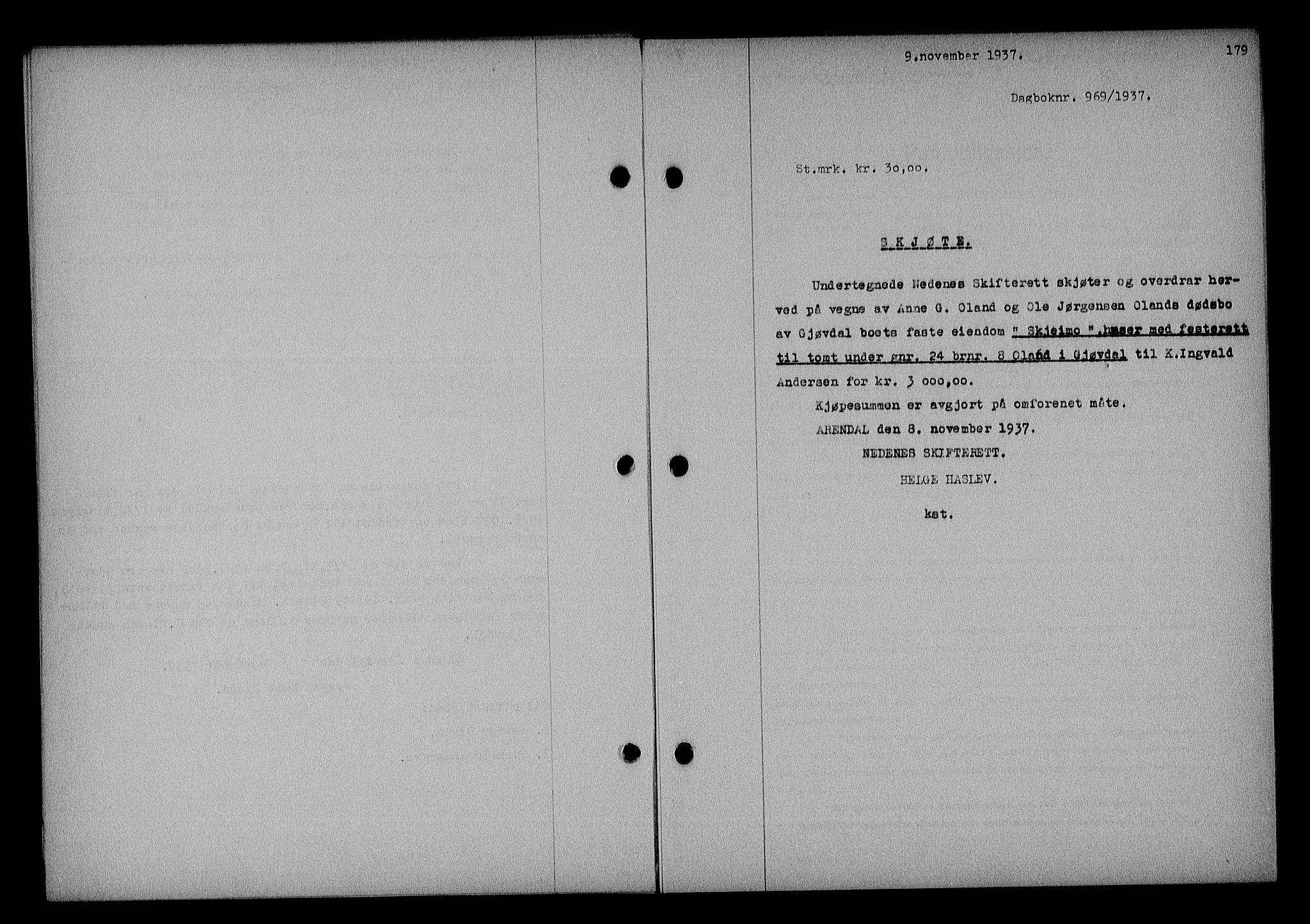 Nedenes sorenskriveri, AV/SAK-1221-0006/G/Gb/Gba/L0044: Mortgage book no. 40, 1937-1938, Diary no: : 969/1937