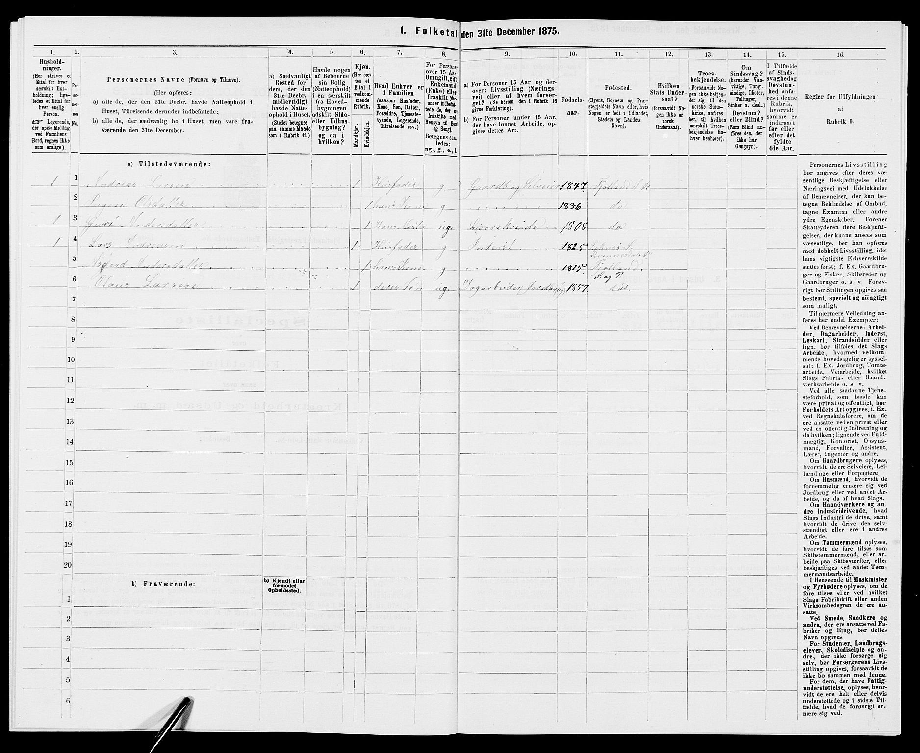 SAK, 1875 census for 1036P Fjotland, 1875, p. 374