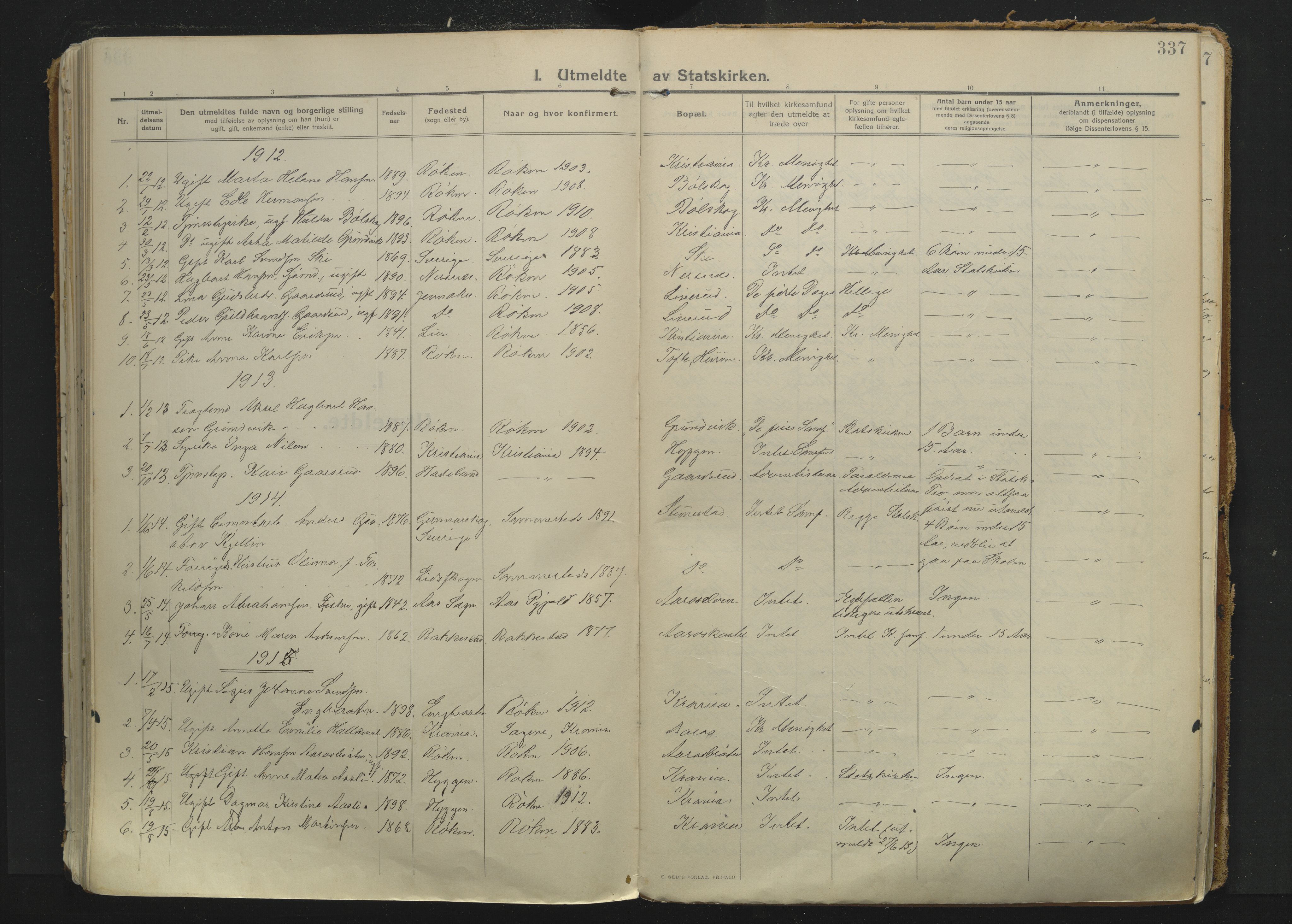 Røyken kirkebøker, AV/SAKO-A-241/F/Fa/L0010: Parish register (official) no. 10, 1912-1927, p. 337