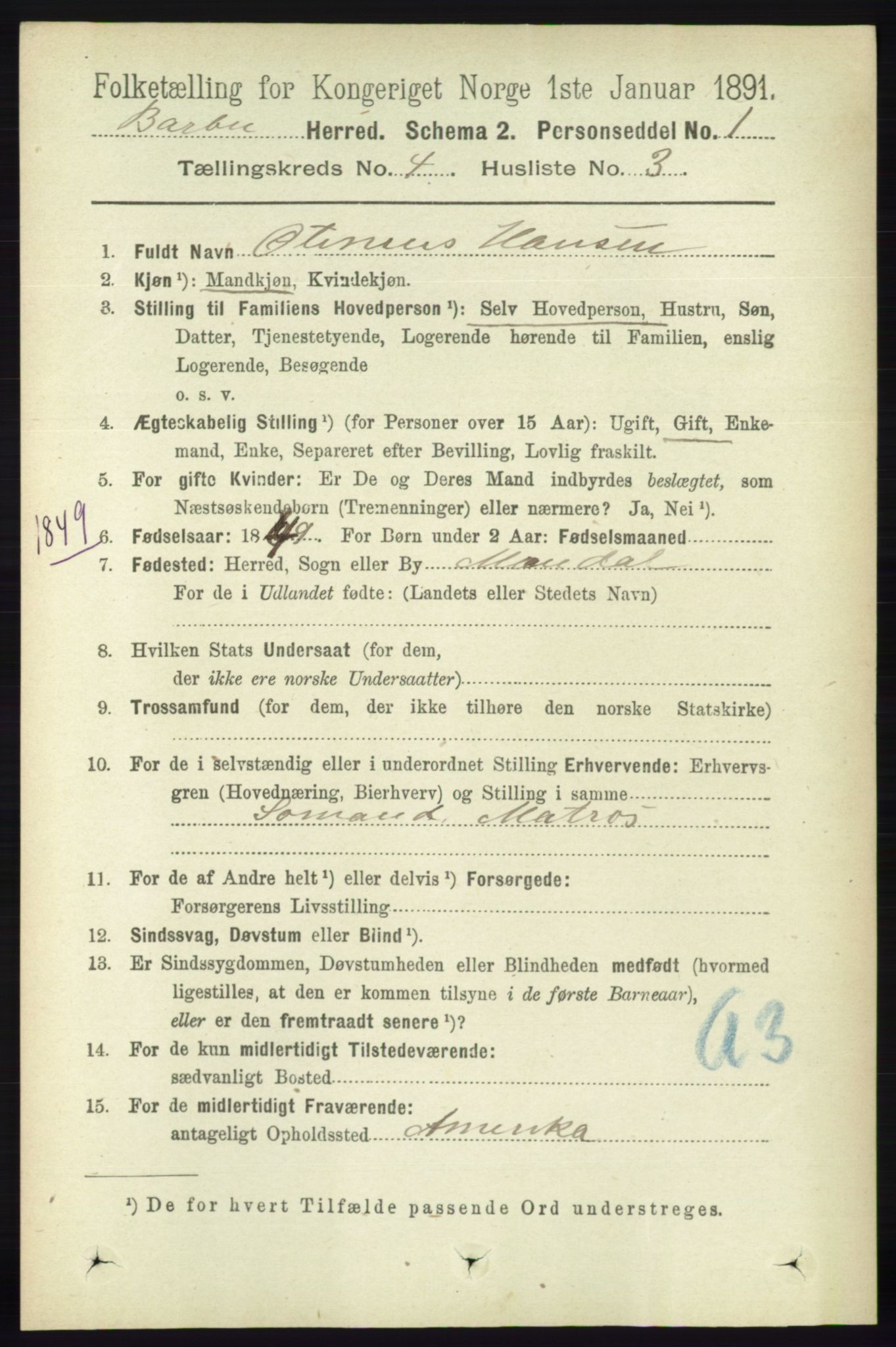 RA, 1891 census for 0990 Barbu, 1891, p. 2459