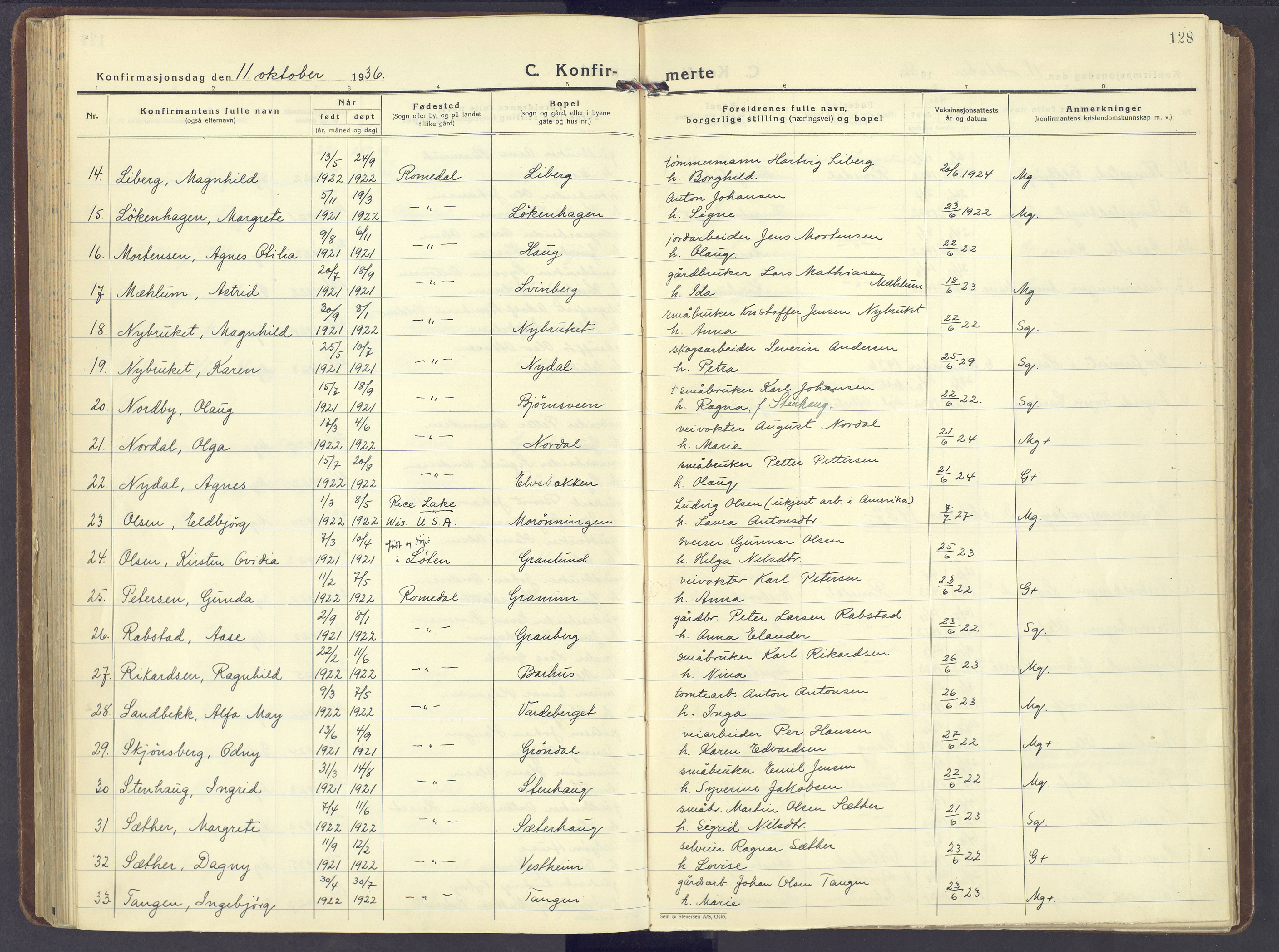 Romedal prestekontor, SAH/PREST-004/K/L0014: Parish register (official) no. 14, 1936-1949, p. 128