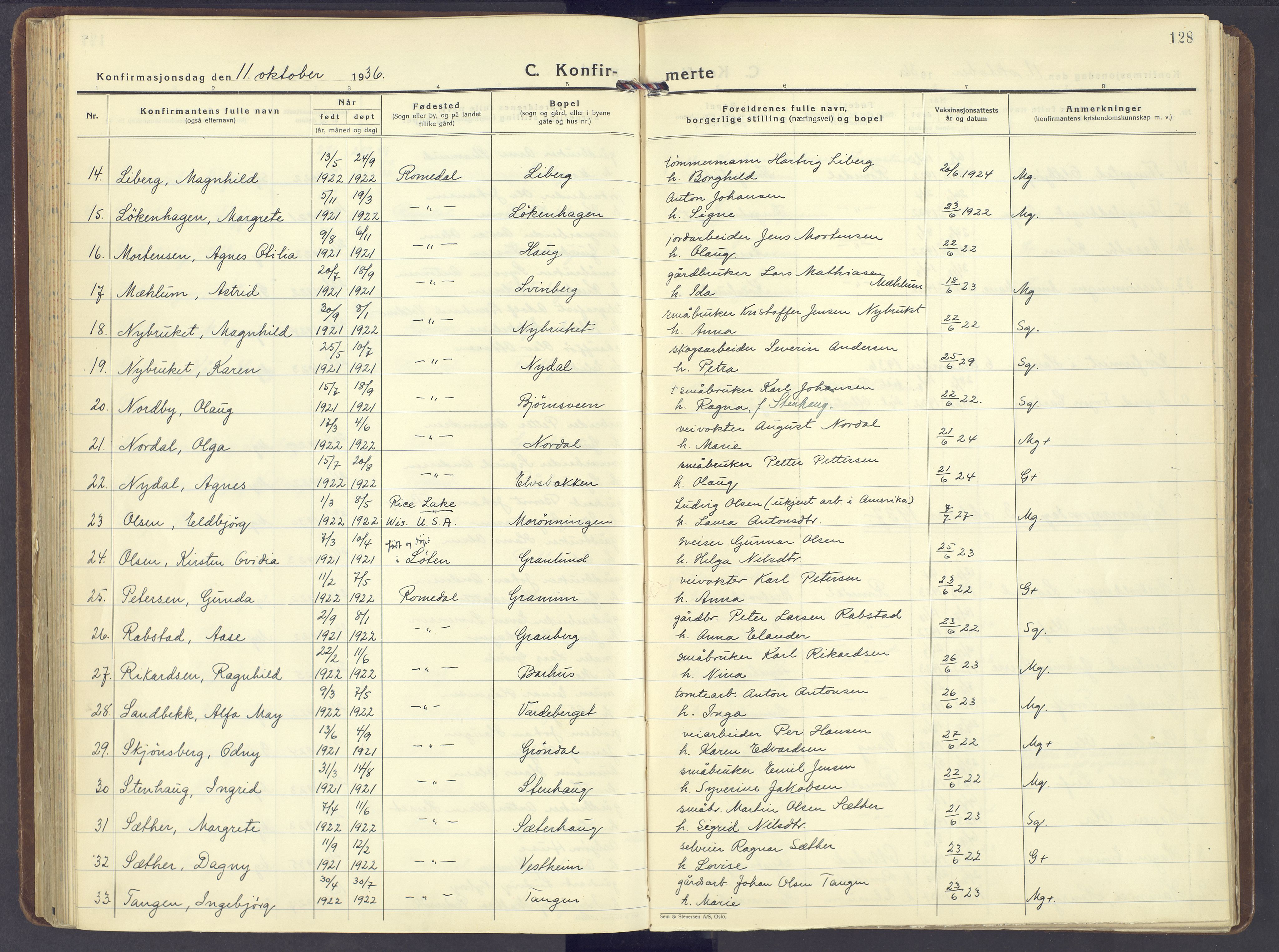 Romedal prestekontor, AV/SAH-PREST-004/K/L0014: Parish register (official) no. 14, 1936-1949, p. 128