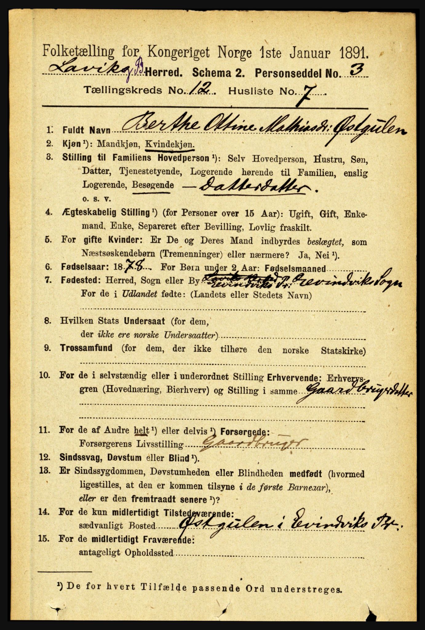 RA, 1891 census for 1415 Lavik og Brekke, 1891, p. 2405