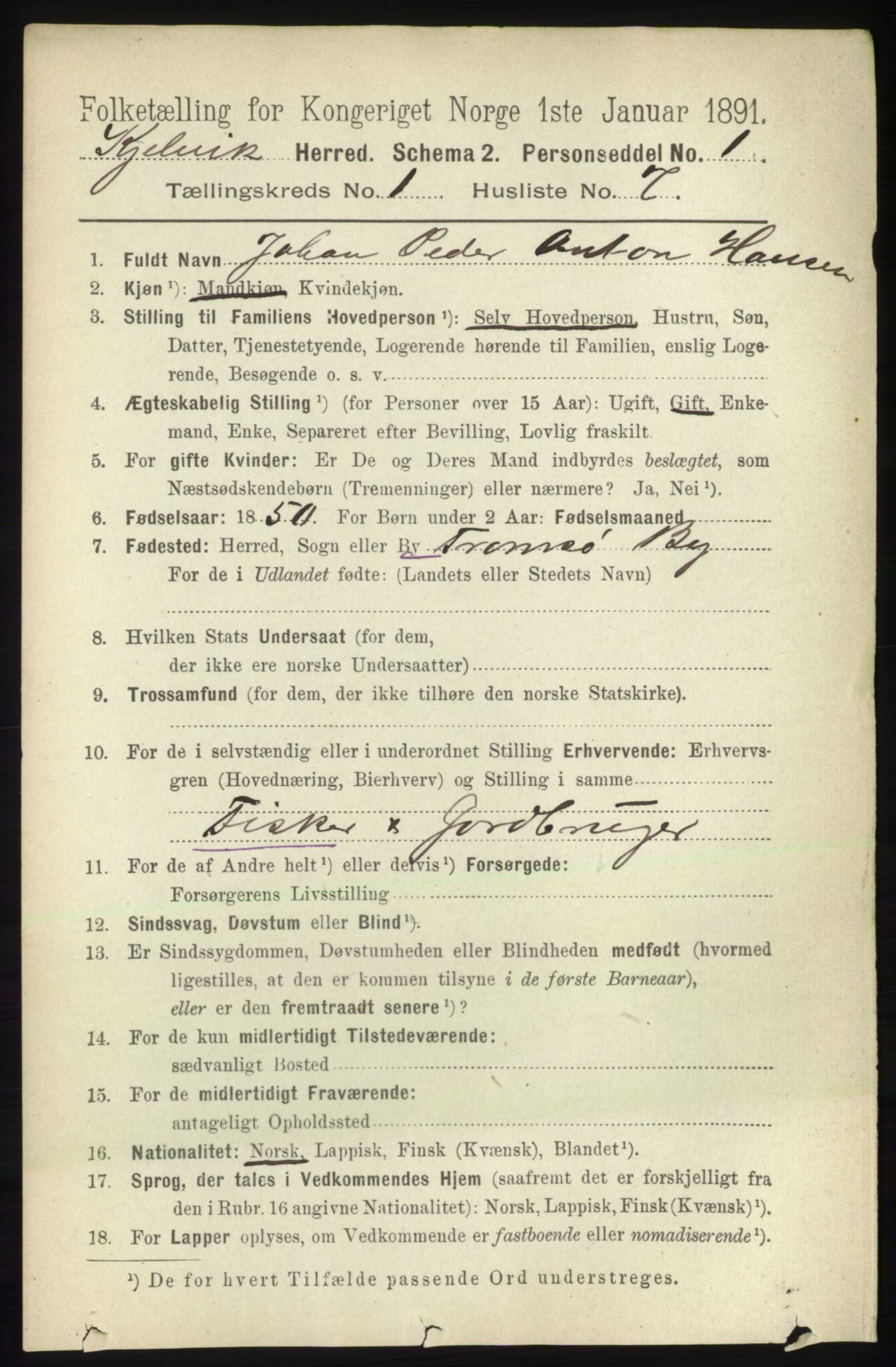 RA, 1891 census for 2019 Kjelvik, 1891, p. 69