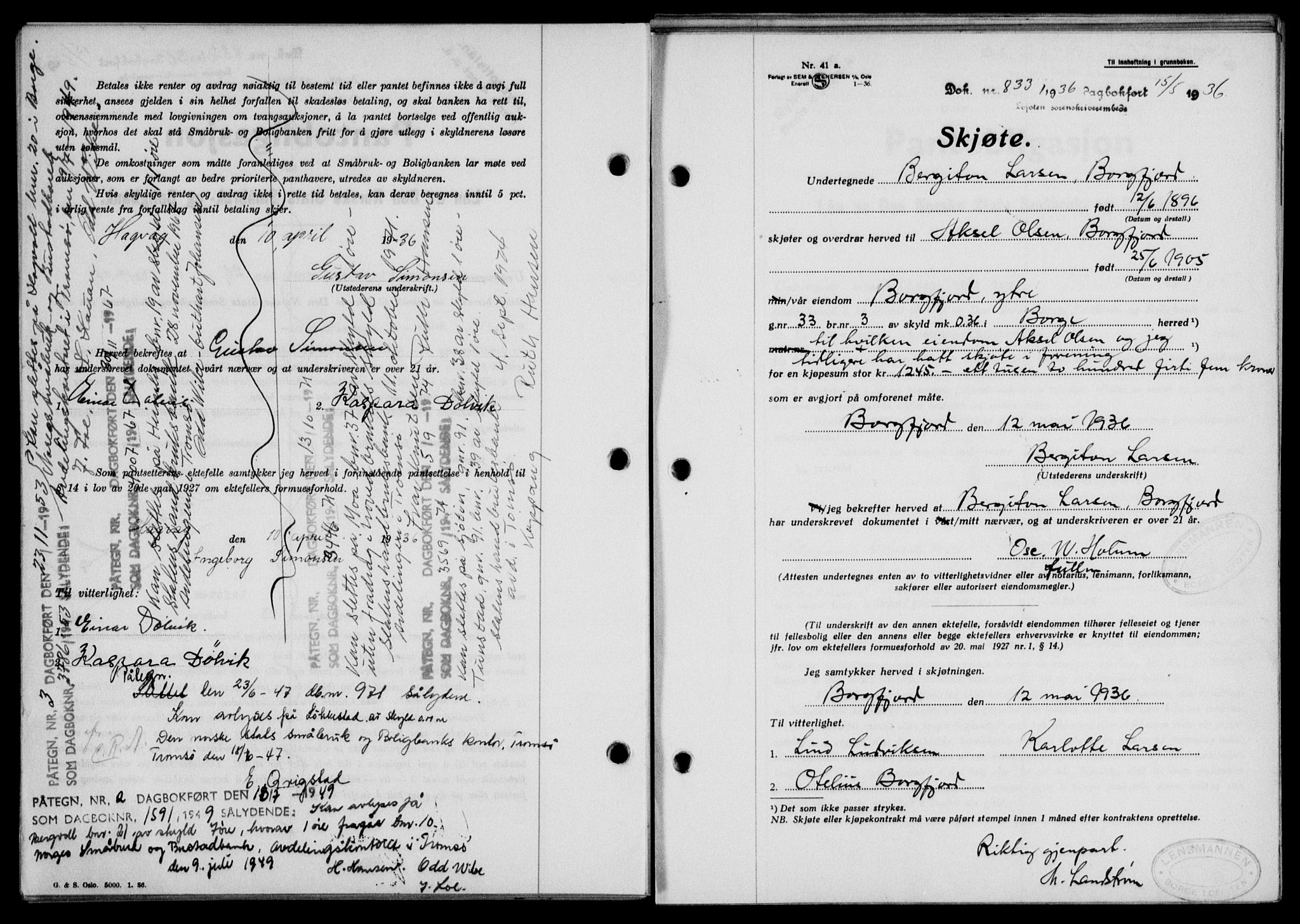 Lofoten sorenskriveri, SAT/A-0017/1/2/2C/L0033b: Mortgage book no. 33b, 1936-1936, Diary no: : 833/1936