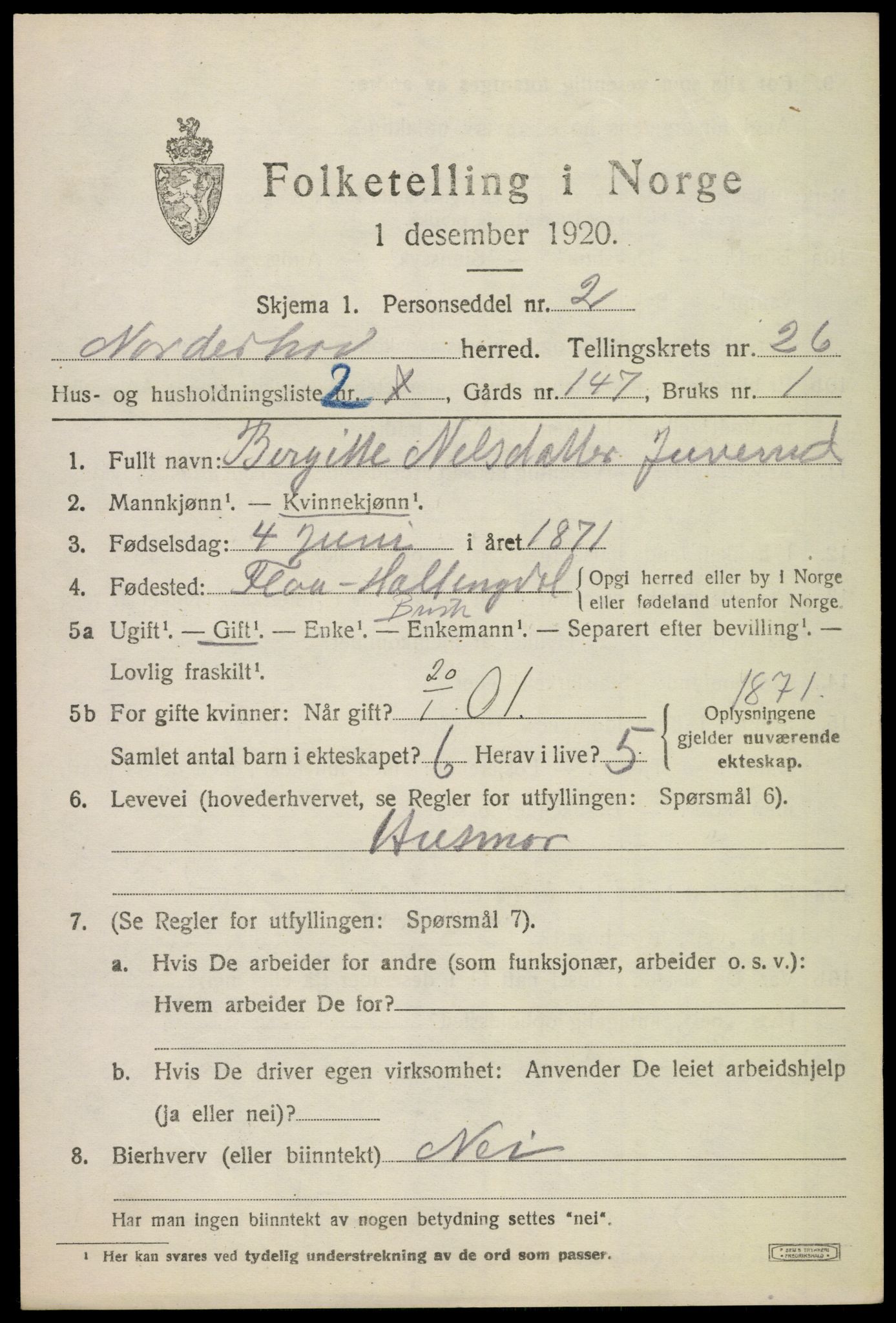 SAKO, 1920 census for Norderhov, 1920, p. 24113