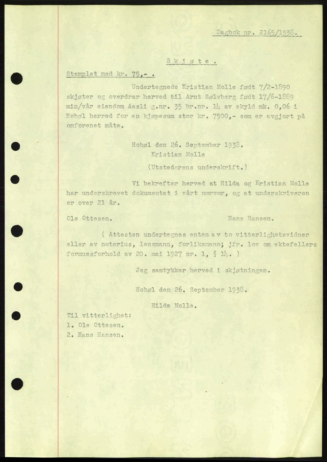 Moss sorenskriveri, SAO/A-10168: Mortgage book no. A5, 1938-1939, Diary no: : 2165/1938
