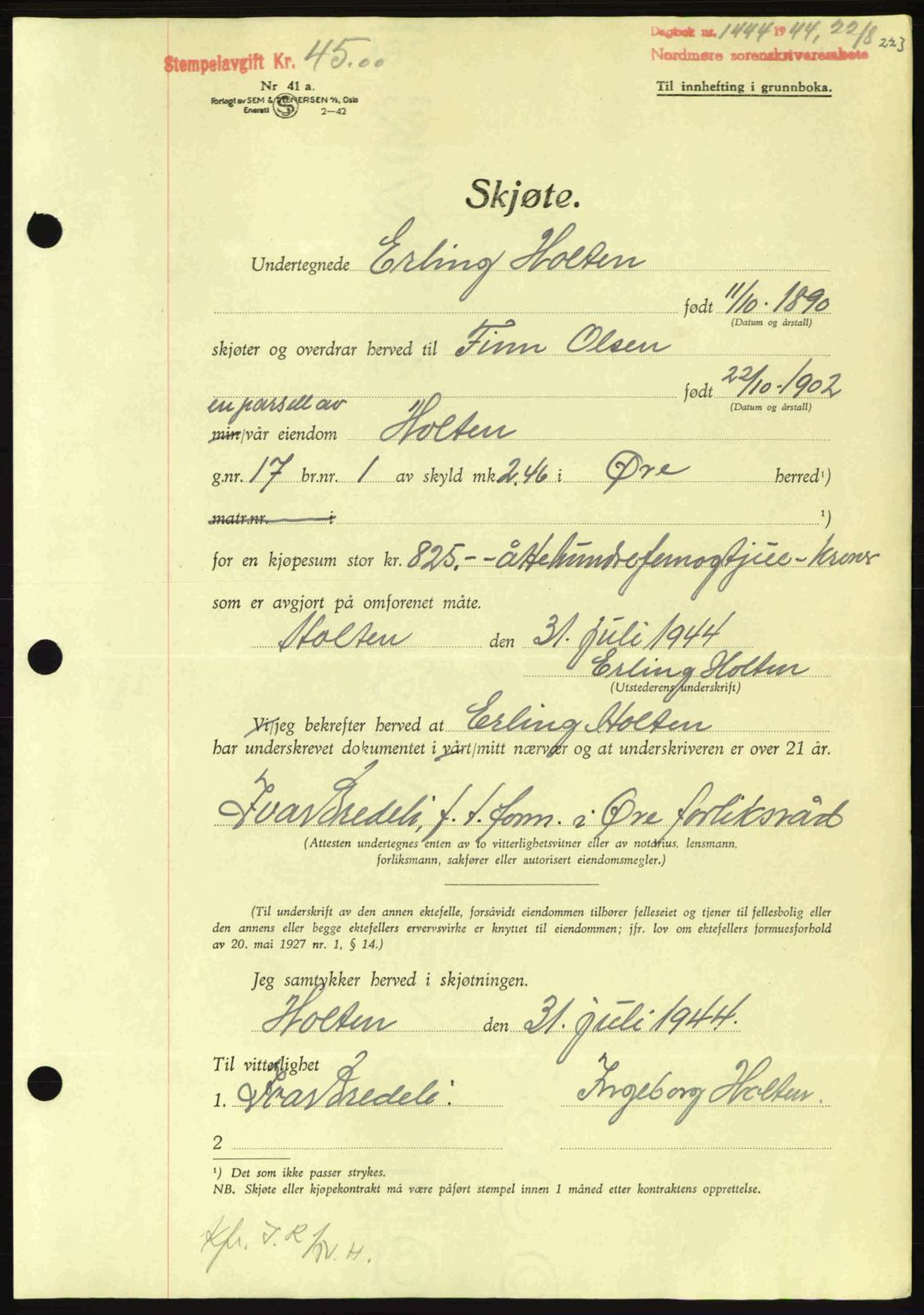 Nordmøre sorenskriveri, AV/SAT-A-4132/1/2/2Ca: Mortgage book no. A98, 1944-1944, Diary no: : 1444/1944