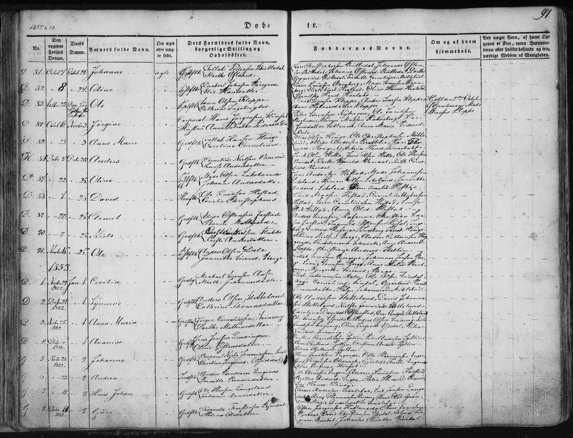 Fjaler sokneprestembete, SAB/A-79801/H/Haa/Haaa/L0006: Parish register (official) no. A 6, 1835-1884, p. 97