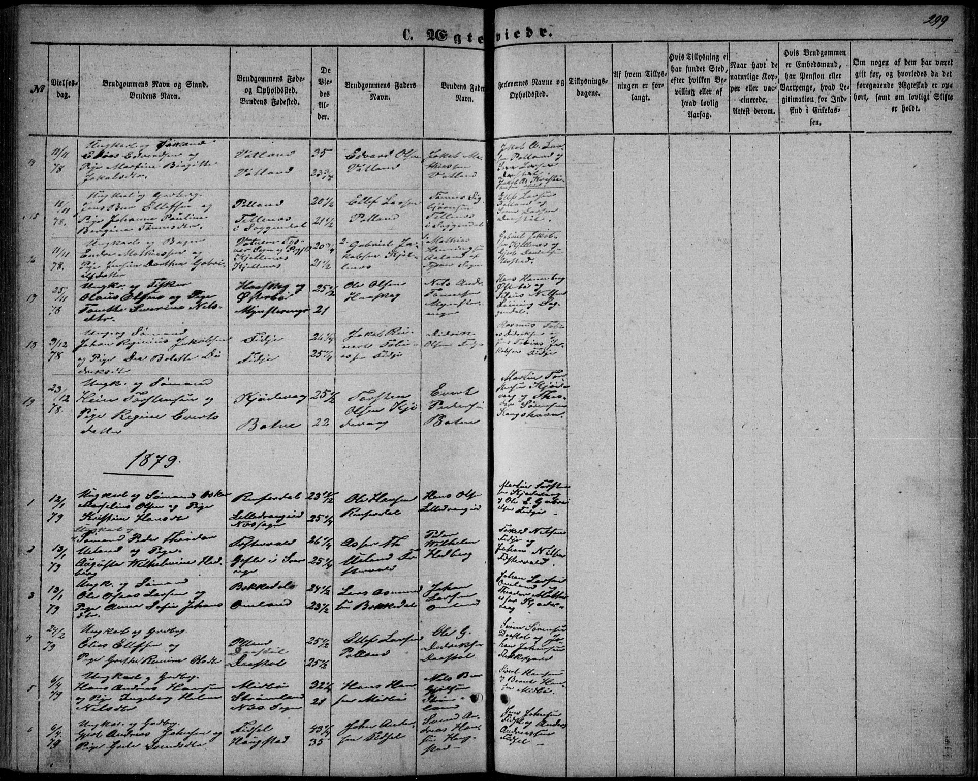 Flekkefjord sokneprestkontor, AV/SAK-1111-0012/F/Fb/Fbb/L0003: Parish register (copy) no. B 3, 1867-1889, p. 299