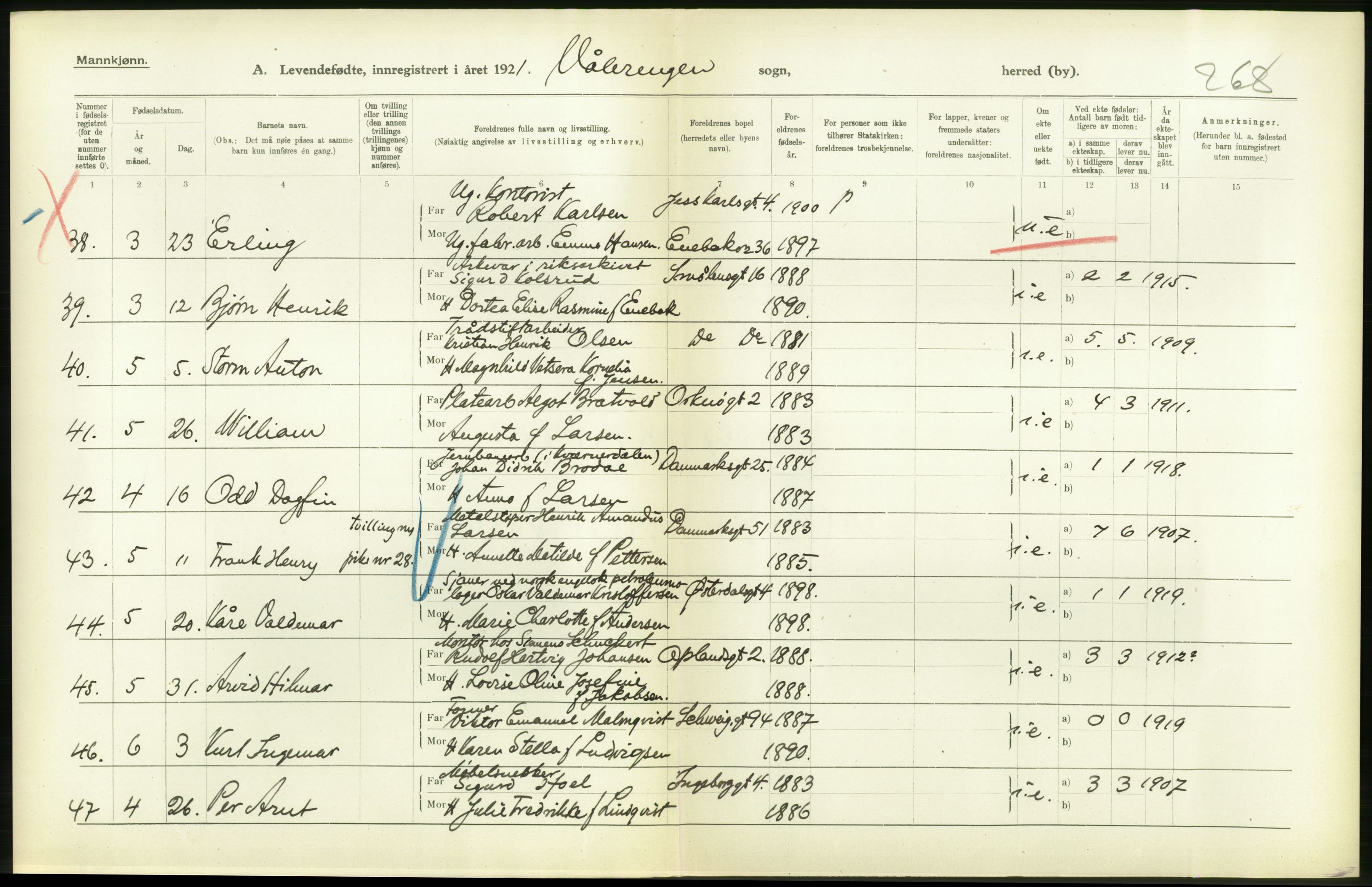 Statistisk sentralbyrå, Sosiodemografiske emner, Befolkning, RA/S-2228/D/Df/Dfc/Dfca/L0009: Kristiania: Levendefødte menn og kvinner., 1921, p. 170