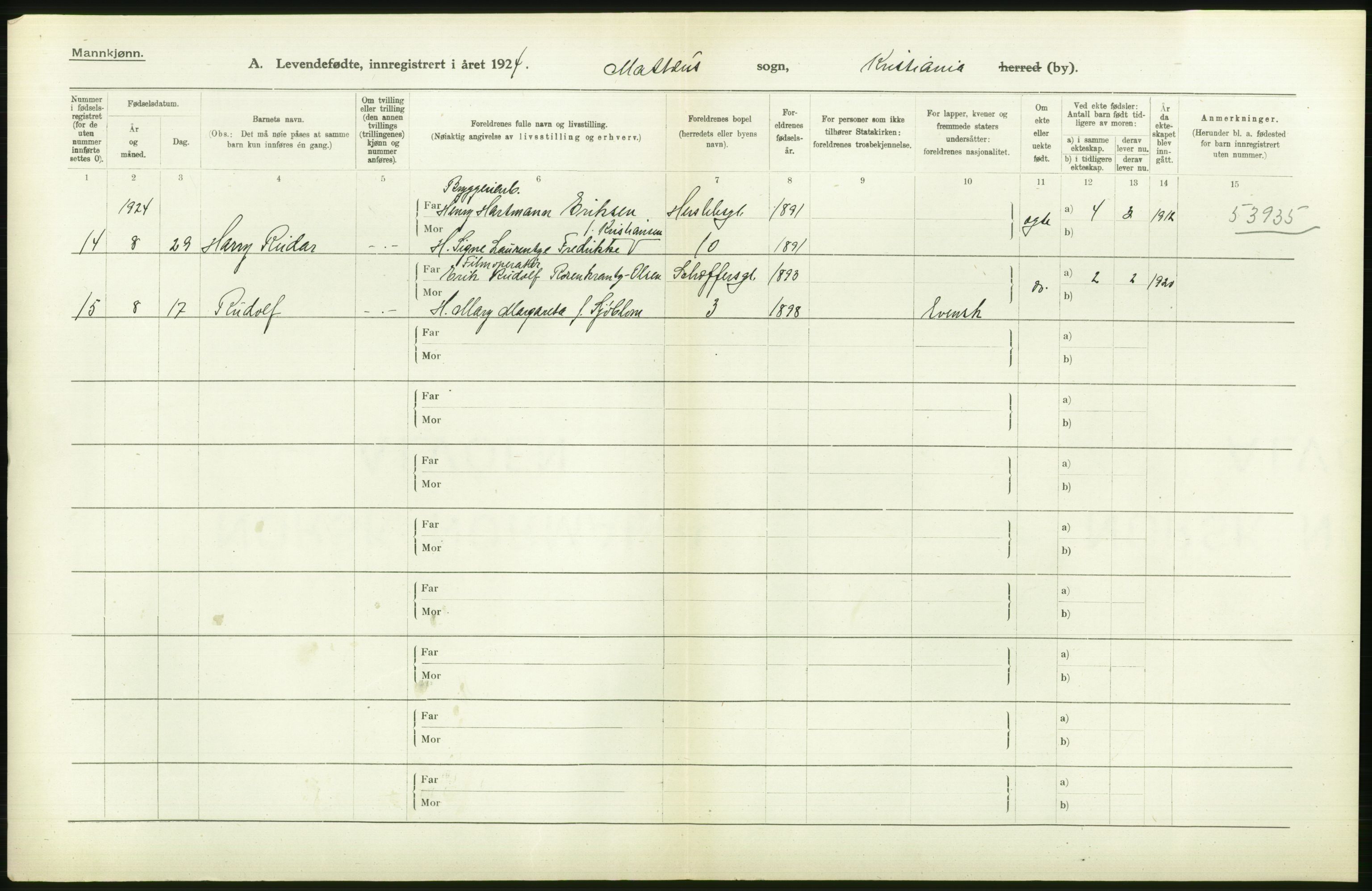 Statistisk sentralbyrå, Sosiodemografiske emner, Befolkning, AV/RA-S-2228/D/Df/Dfc/Dfcd/L0005: Kristiania: Levendefødte menn., 1924, p. 514