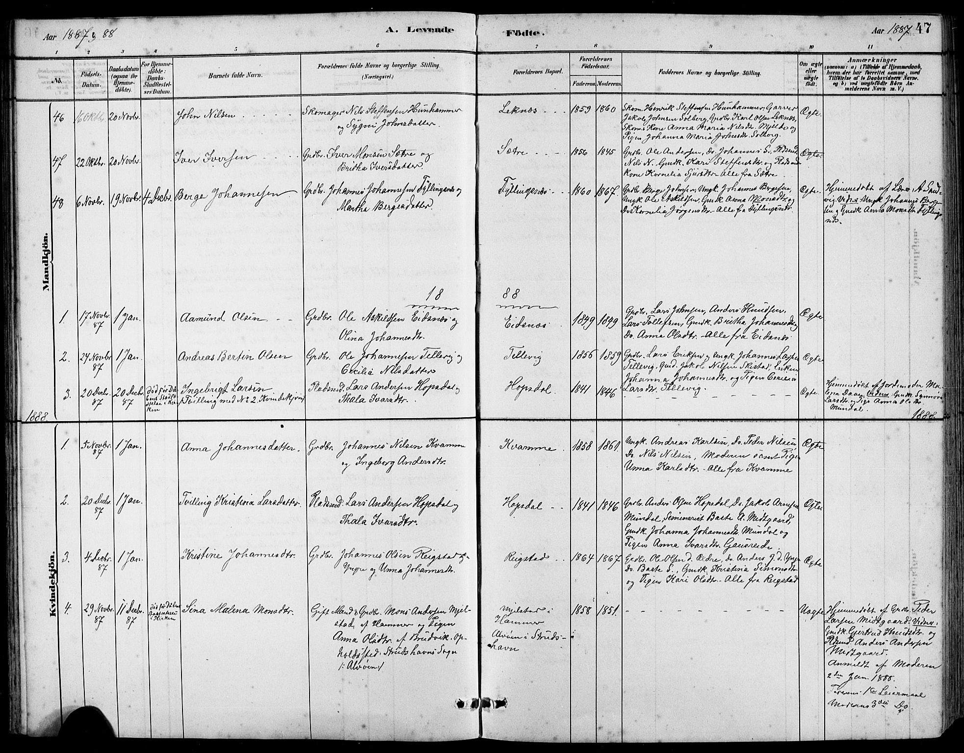 Hamre sokneprestembete, SAB/A-75501/H/Ha/Hab: Parish register (copy) no. B 3, 1881-1898, p. 47