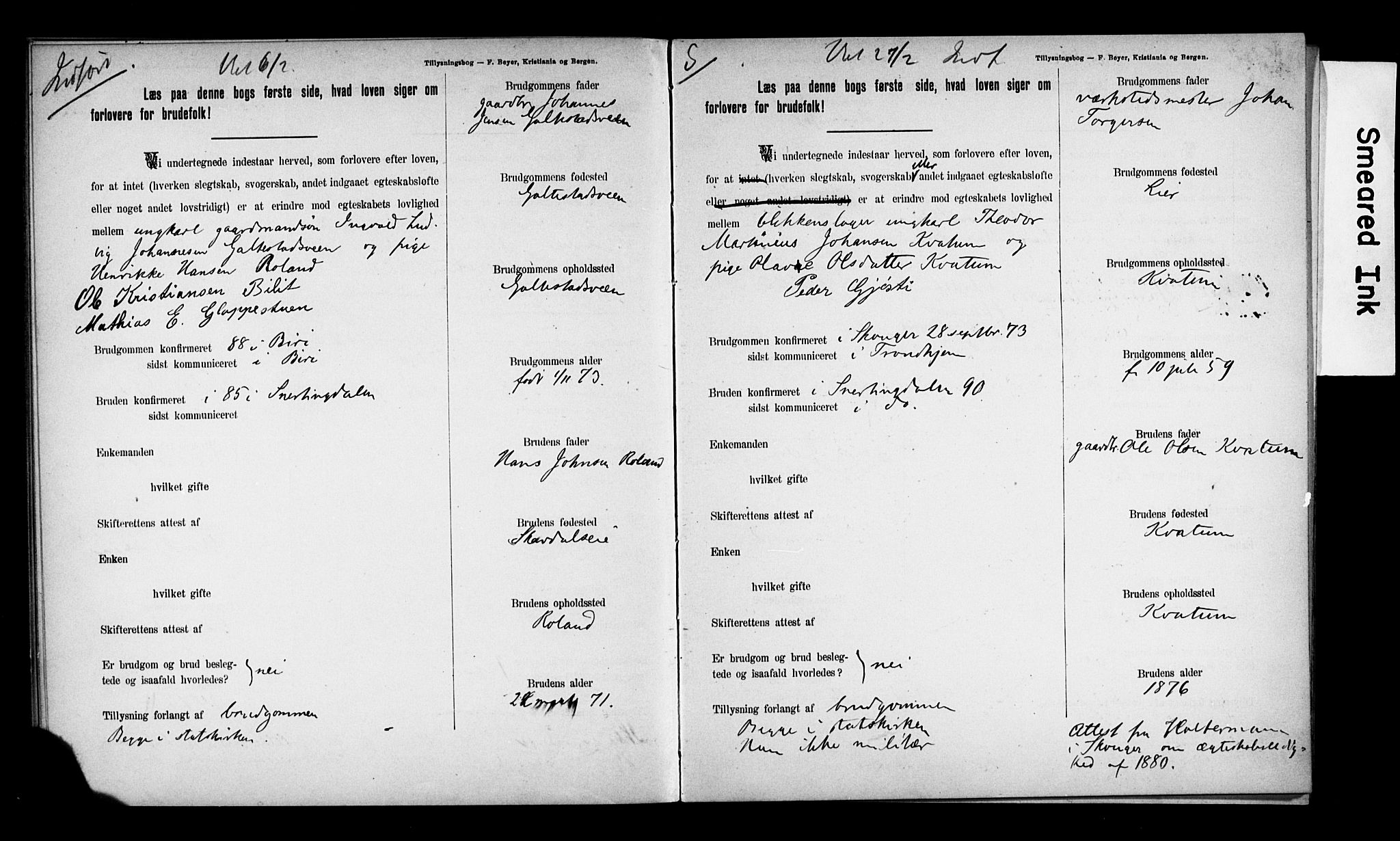 Biri prestekontor, SAH/PREST-096/I/Ie/Iea/L0001/0001: Banns register no. 1.1, 1892-1896