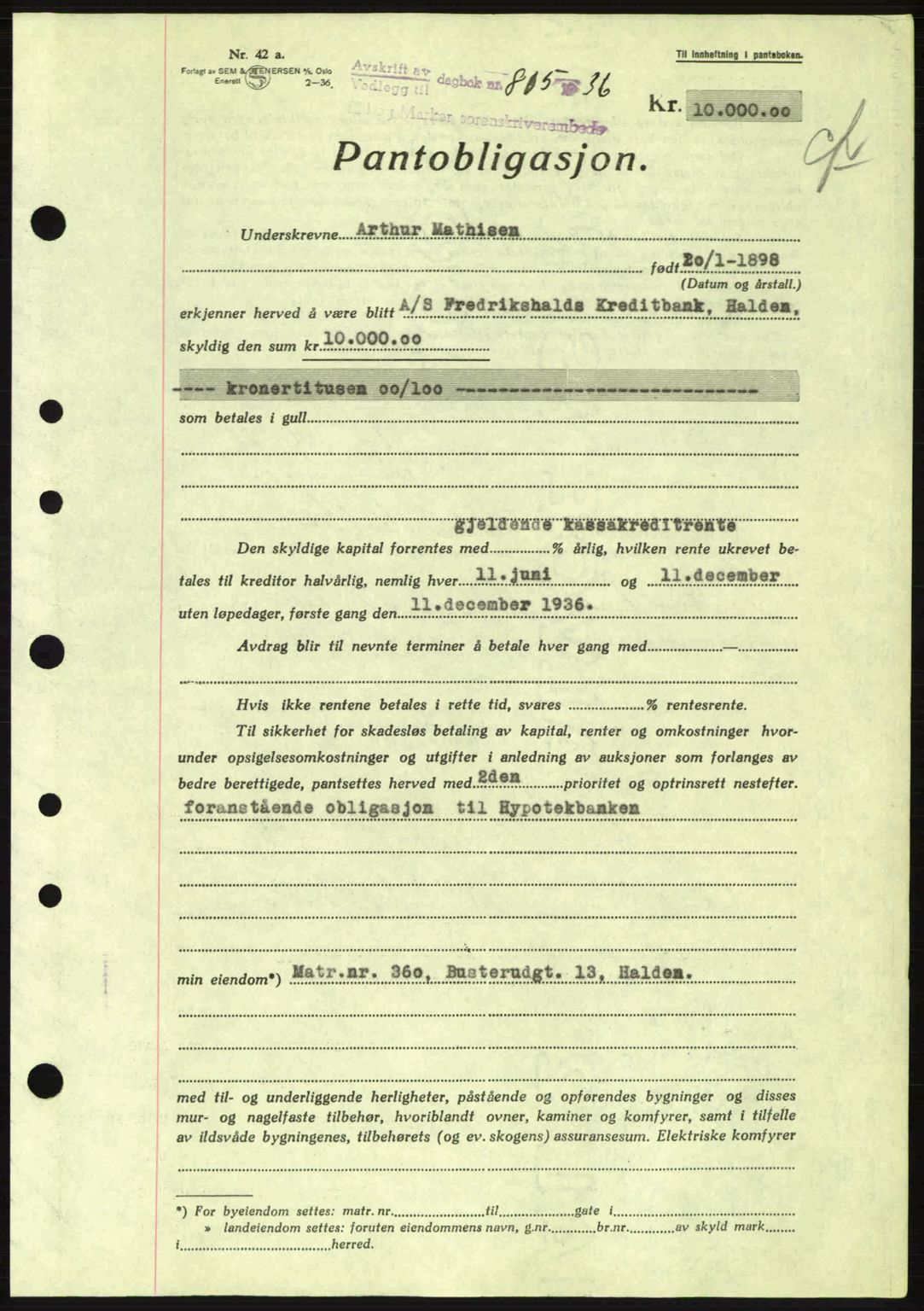 Idd og Marker sorenskriveri, AV/SAO-A-10283/G/Gb/Gbc/L0001: Mortgage book no. B1-3, 1936-1939, Diary no: : 805/1936