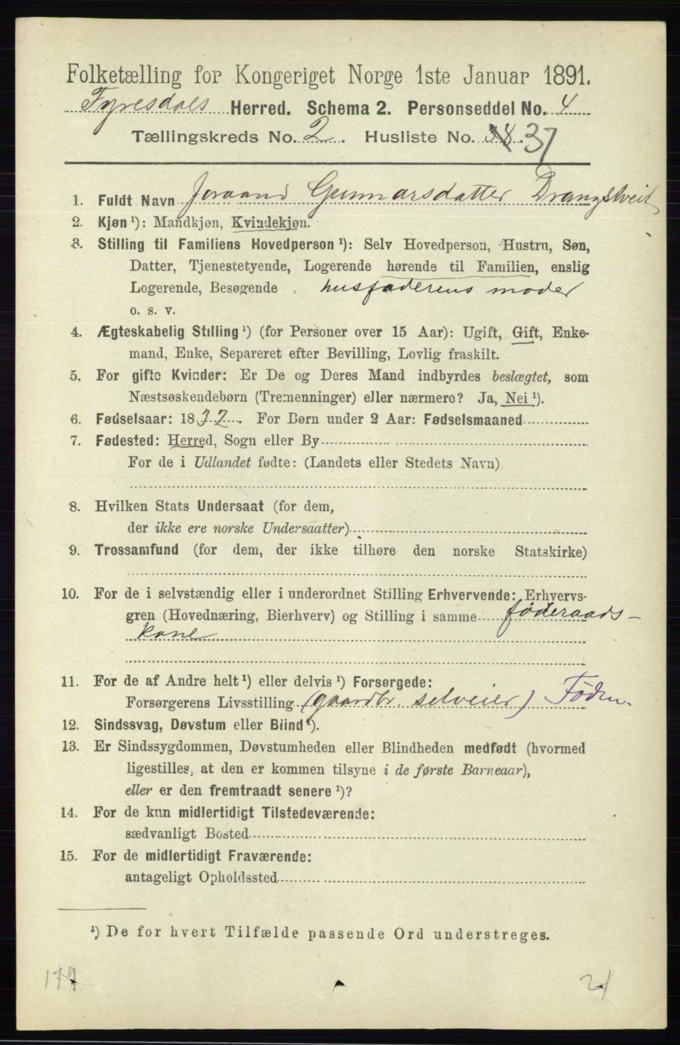 RA, 1891 census for 0831 Fyresdal, 1891, p. 524